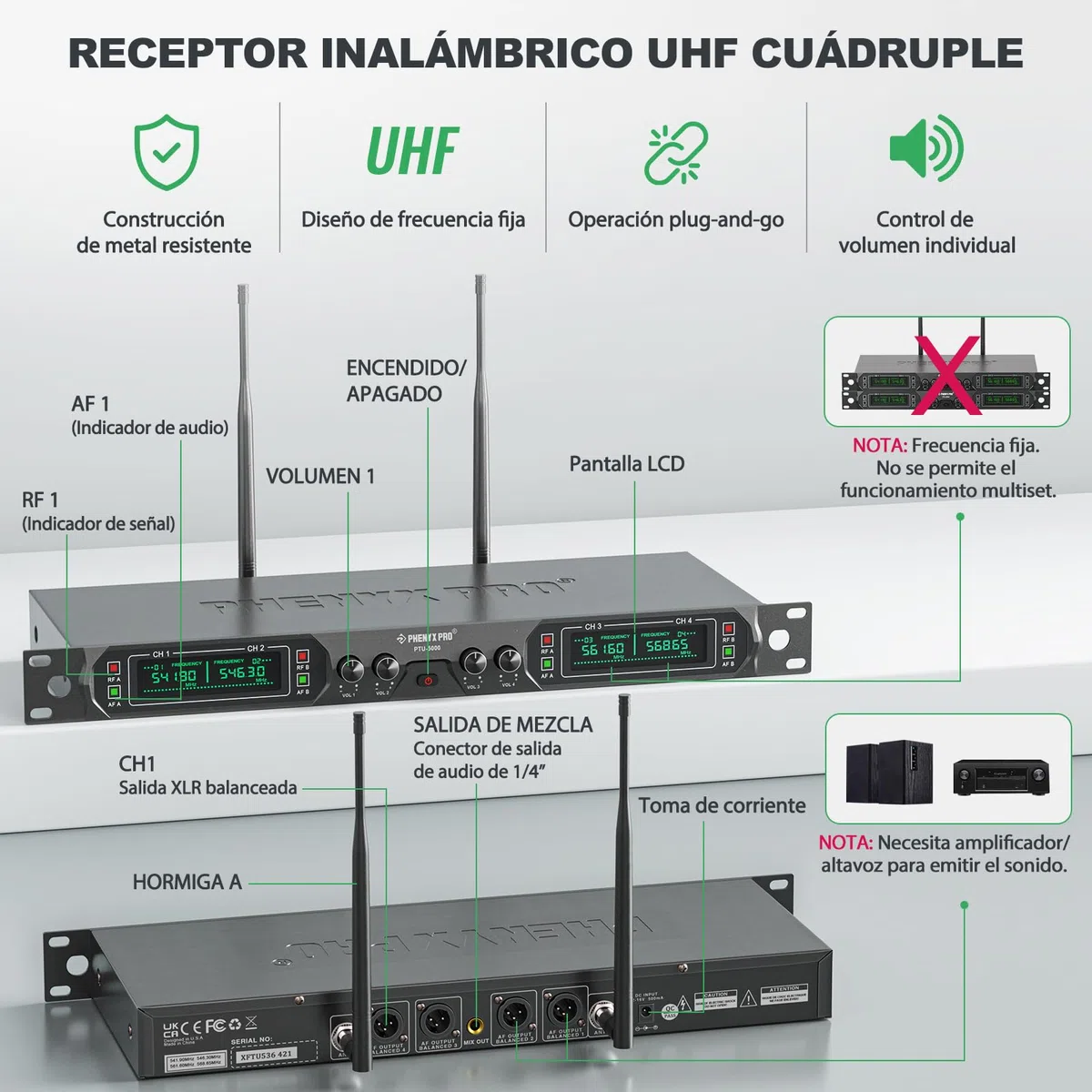 Phenyx Pro 4-Canales UHF Sistema de Micrófono Inalámbrico de Metal, de Frecuencia Fija con 4 Micrófonos Dinámicos de Mano, Alcance de 260ft, para Cantar, Iglesia(PTU-5000-4H)