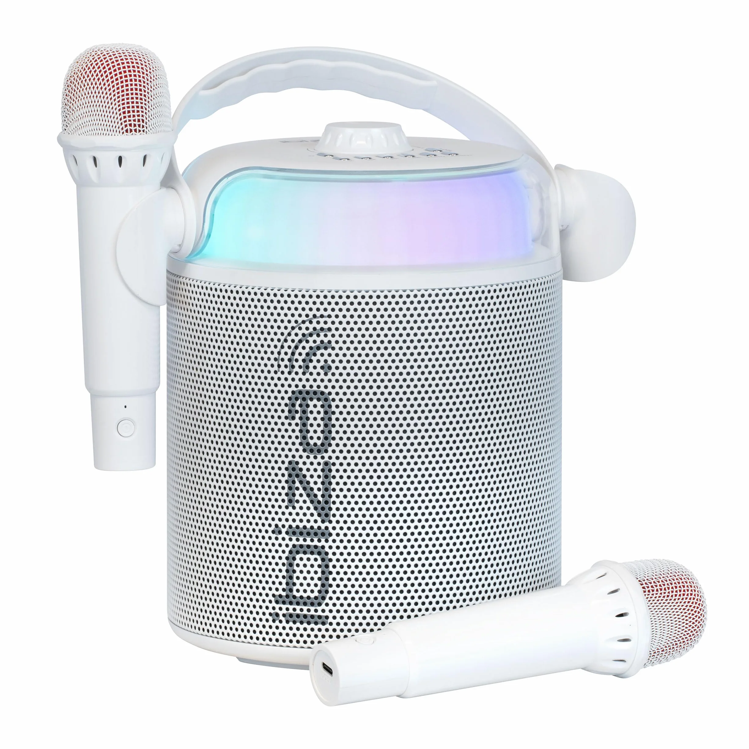 Ibiza - KARAHOME-WH - Altavoz Karaoke a Pilas con Dos micrófonos inalámbricos (a Pilas) - Bluetooth, USB, MicroSD, USB, AUX y Coax - Blanco