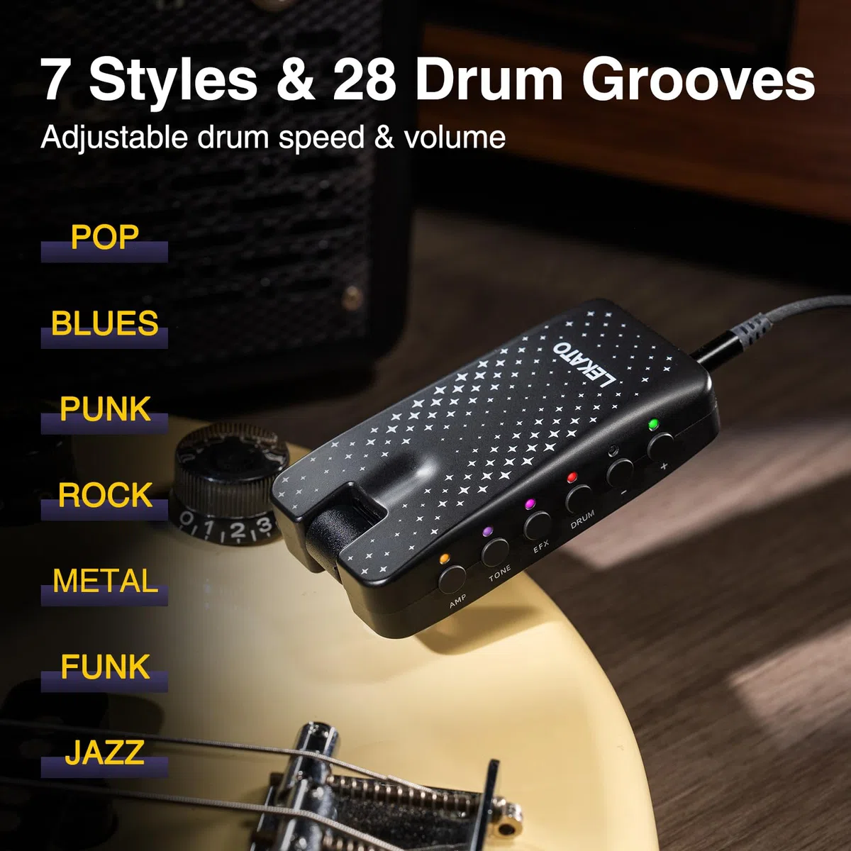LEKATO Mini amplificador de guitarra con 14 ajustes, procesador recargable, con 14 modelos de amplificador, 14 efectos incorporados, 28 ranuras de tambor, Bluetooth
