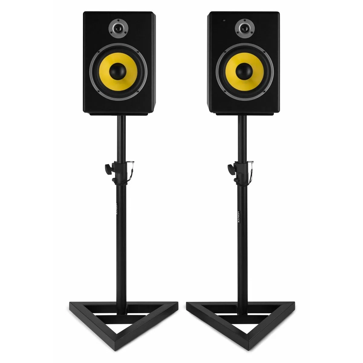 Vonyx Set 2 Soportes de Monitor de Estudio Ajustables 65–115 cm, Base Triangular, Tiras Antideslizantes, Picos o Gomas para Suelo, diseño metálico Resistente y Elegante