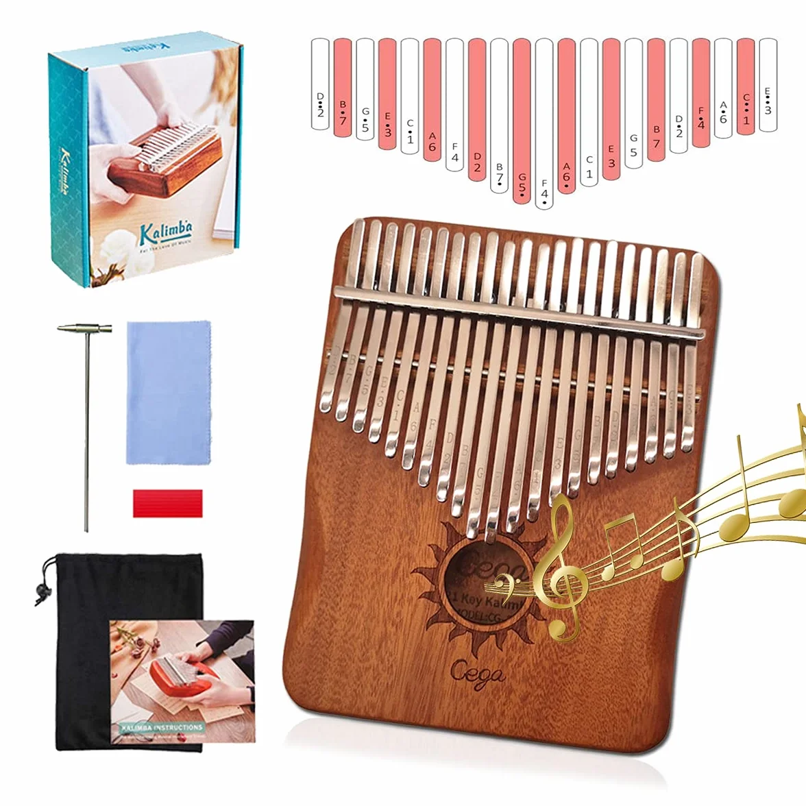 Kalimba Piano de Pulgar Marimba 21 teclas con instrucciones de estudio y martillo de afinación, piano de dedo de madera africano portátil para niños y adultos principiantes con Martillo de Afinación