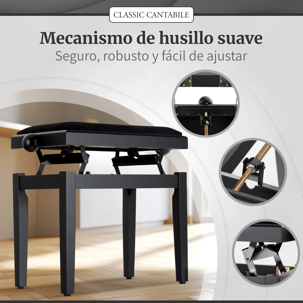 Classic Cantabile Banqueta para Piano Negro Mate - Altura Regulable de 47-56cm - Banco con Mecanismo de husillo - Asiento de Taburete 55 x 32cm - Silla con Funda de Terciopelo, Estable