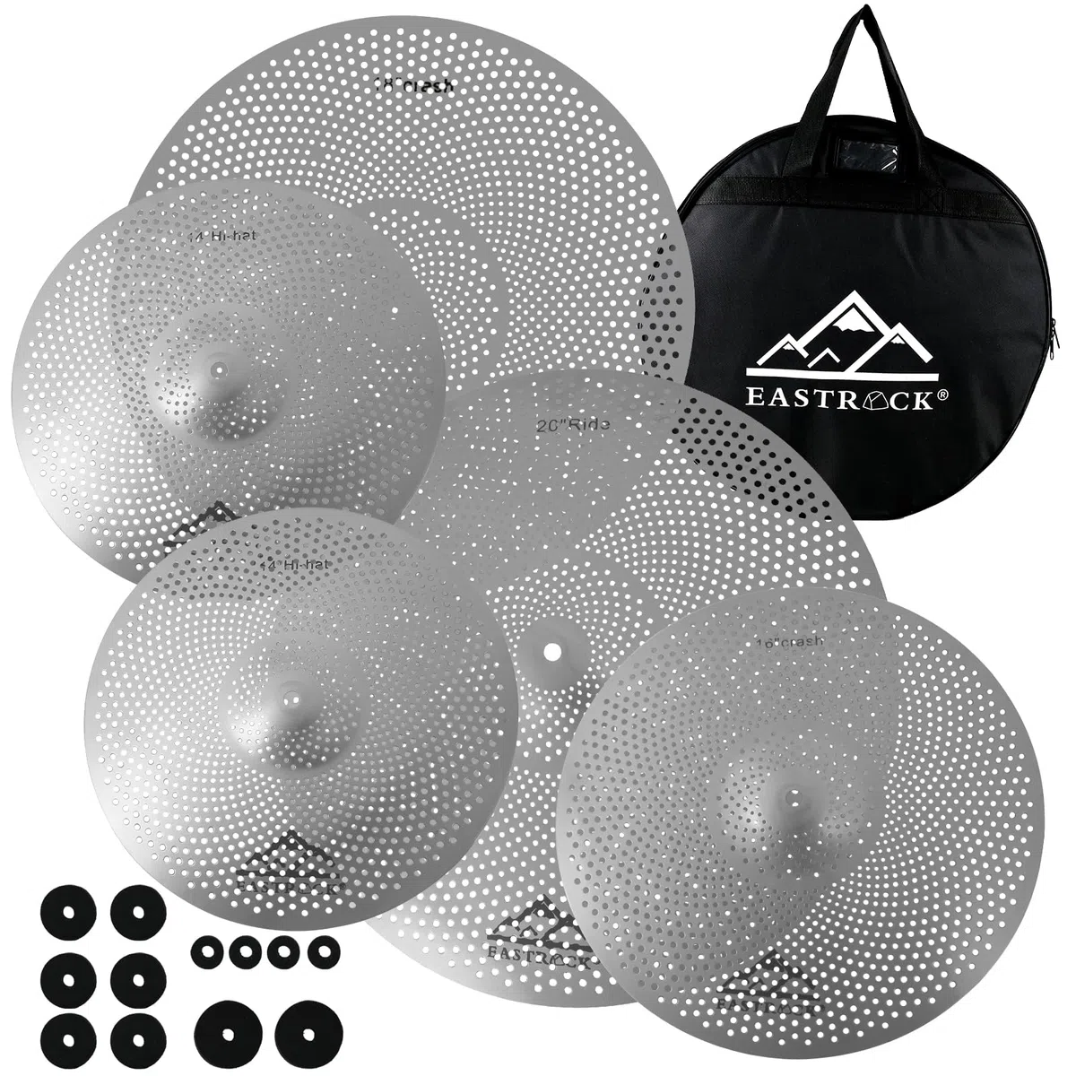 EASTROCK Paquete de Platillos de Bajo Volumen, Juego de 5 Piezas, Sombrero Alto de 14 Pulgadas + Choques de 16 y 18 Pulgadas + Paseo de 20 Pulgadas con Bolsa de Platillos y Fieltros （Plateado）