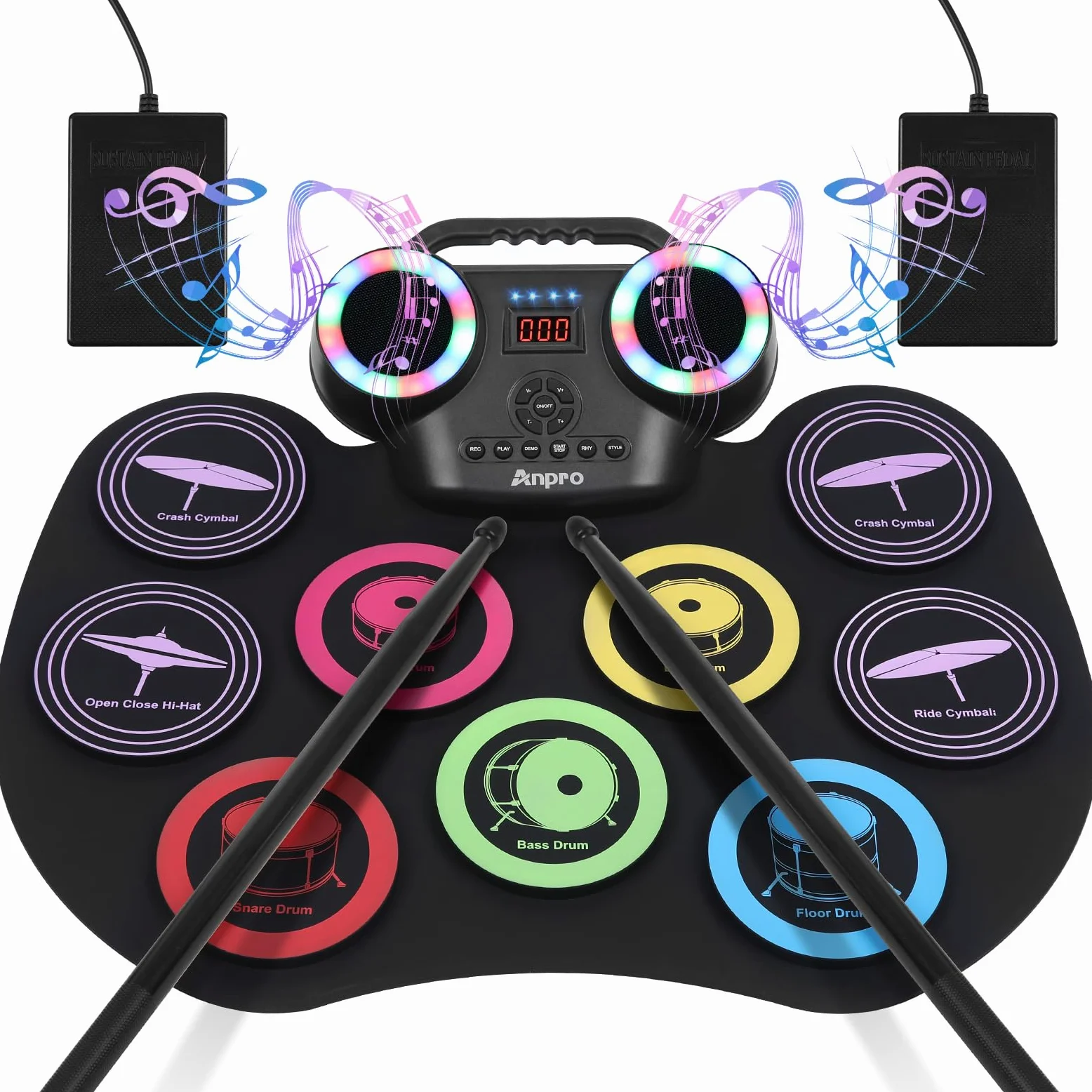 Anpro Kits de Batería Electrónica, Bateria Musical con 9 Almohadillas de Batería, Batería Musical para Niños Pantalla LED a Color