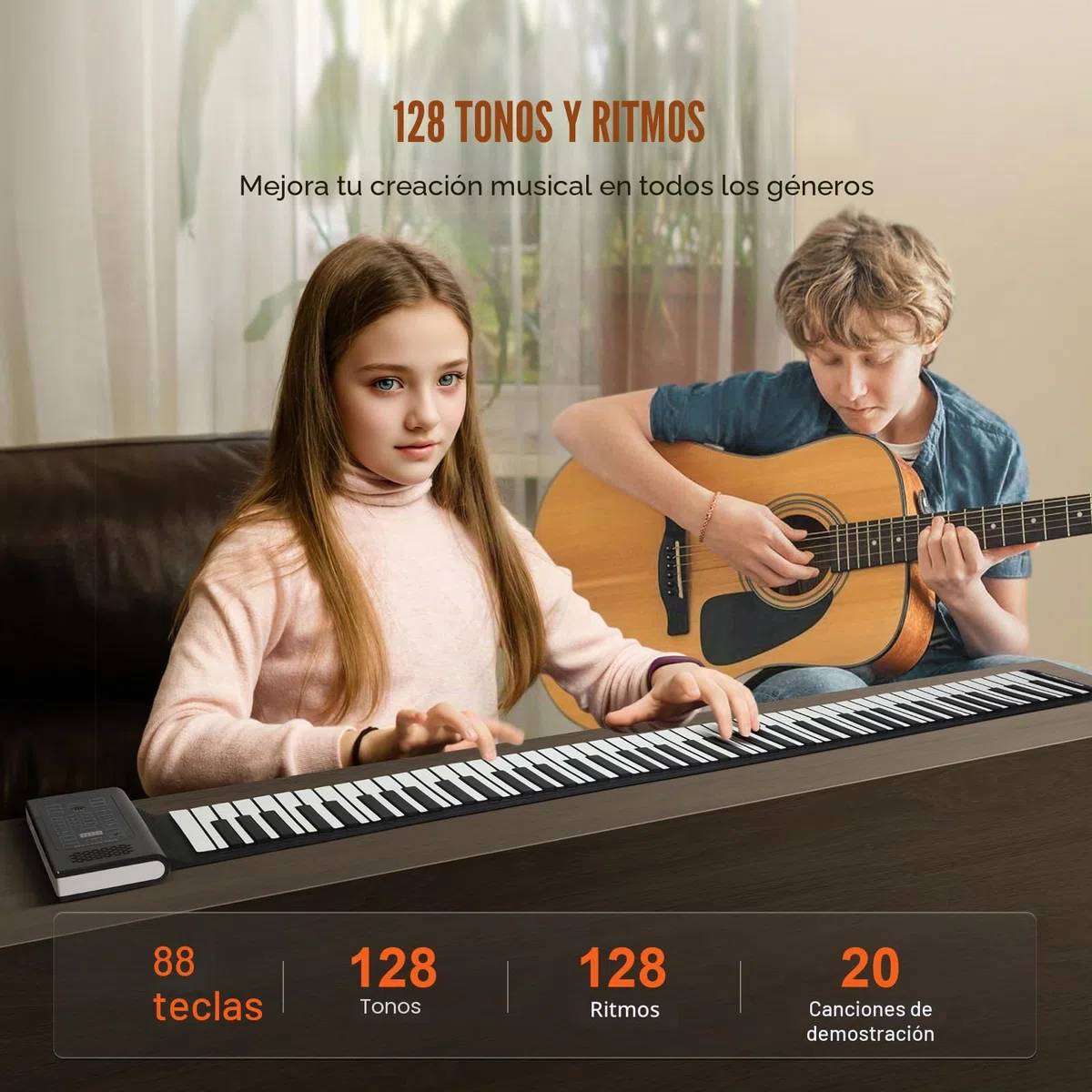 VEVOR Teclado Piano Enrollable 88 Teclas 128 Ritmos 128 Tonos Piano Digital Portátil Recargable con Altavoz 2W Pantalla LED 5 Puertos Función MIDI para Niños, Principiantes, Adultos, Negro