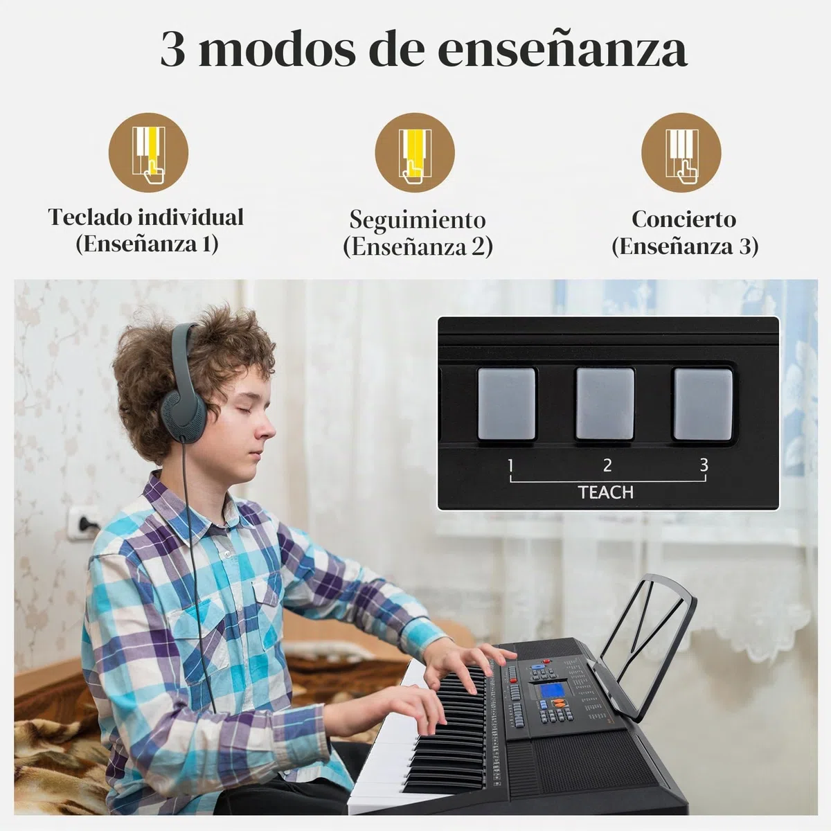 KOMFOTTEU Teclado Electrónico de 61 Teclas, Piano Digital con Soporte y Banco, Piano Electrónico con Micrófono, 300 Timbres y Ritmos, 50 Canciones de Demostración, Auriculares y Atril