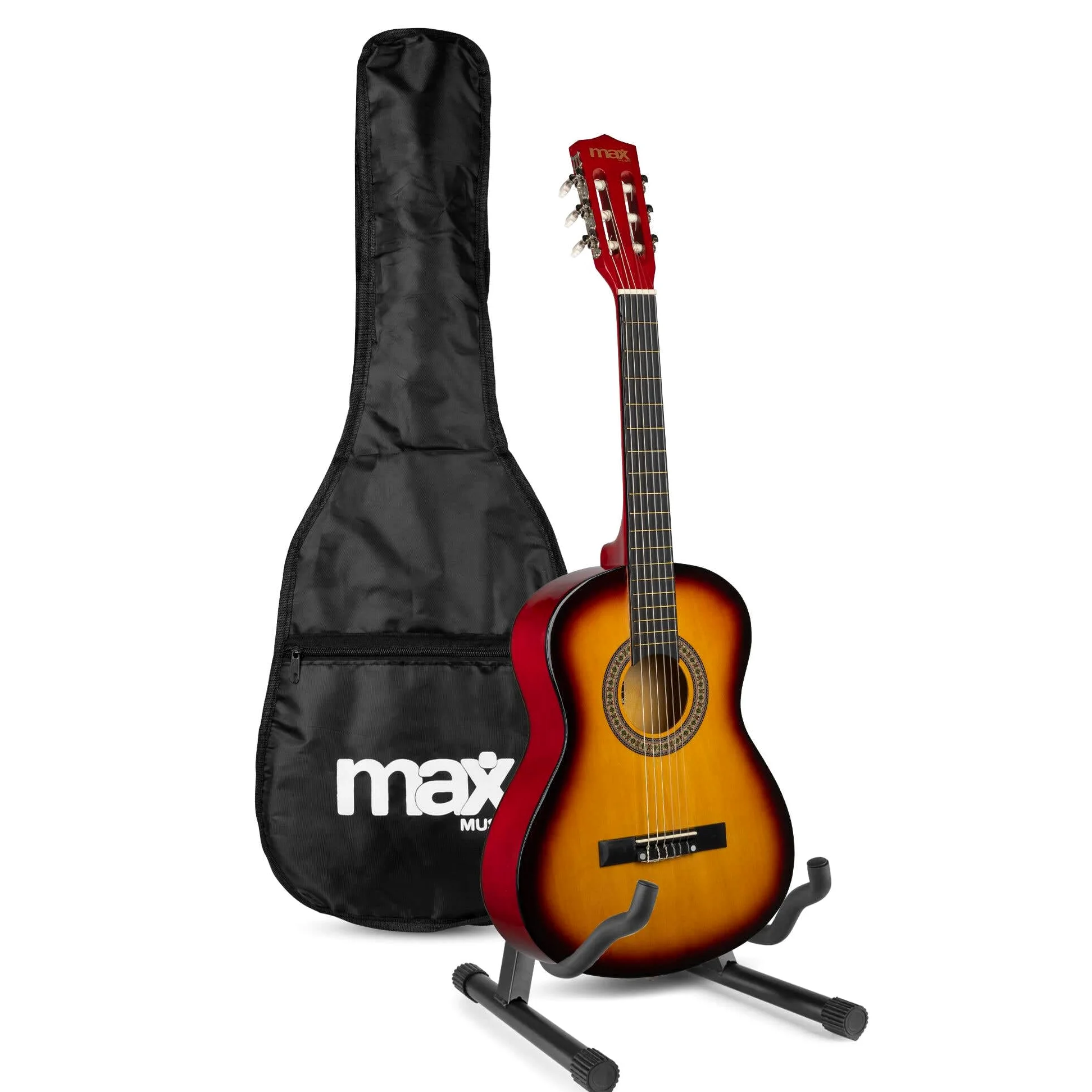 MAX SoloArt Junior 3/4 guitarra infantil clásica con soporte MAX GP20, funda mochila, afinador digital, cuerdas extra, púas y correa, para niños principiantes de 8 a 12 años