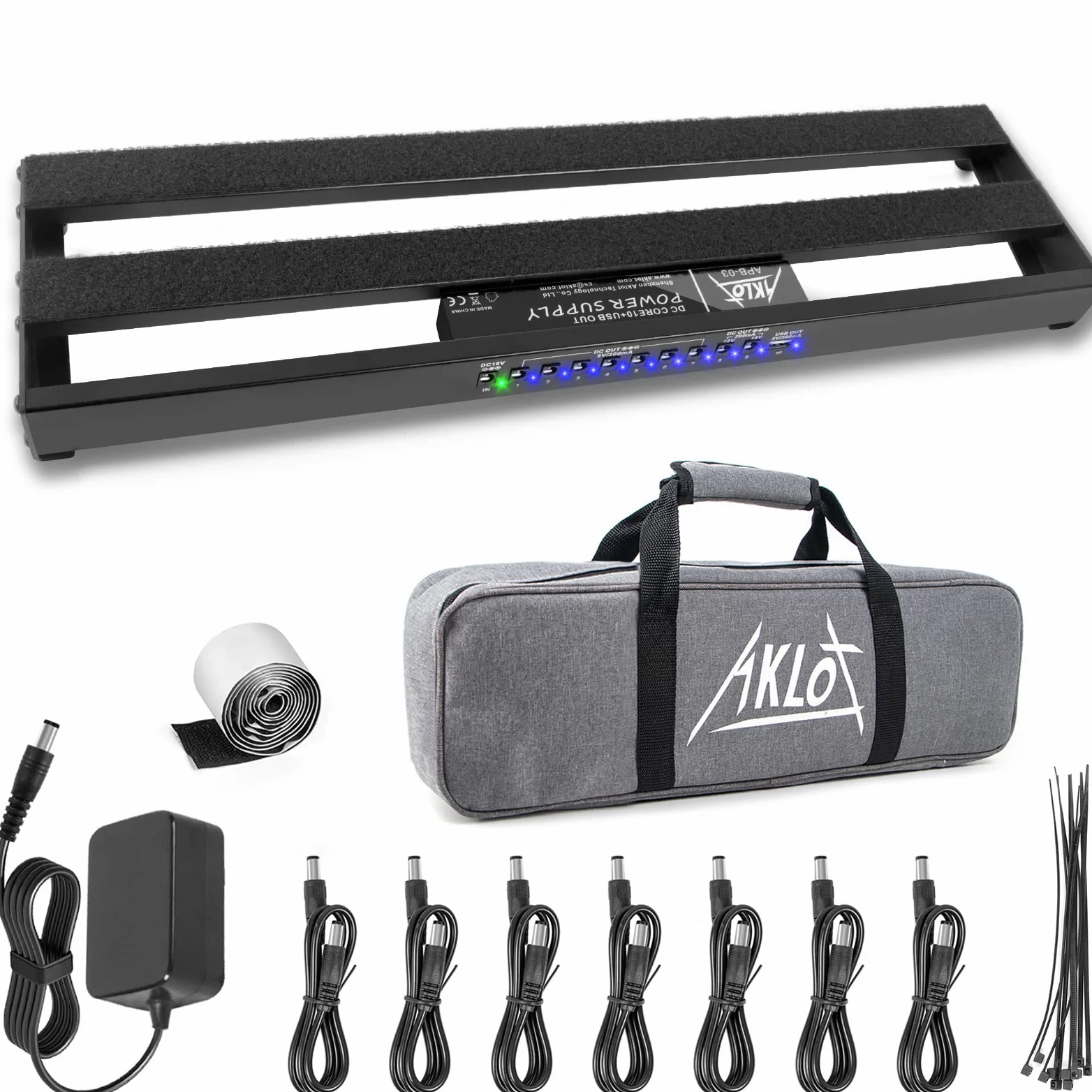 AKLOT Pedalera de Guitarra con Fuente de Alimentación Incorporada Pedalera de Efectos Aleación de Aluminio 48,5 x 13x 4,3cm Negro con Bolsa, Cable de Pedal