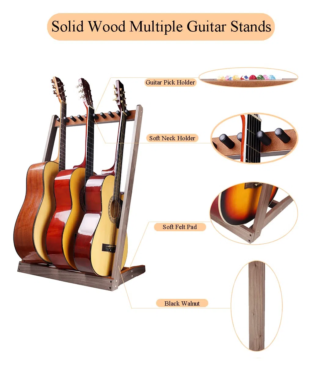 KingPoint Soporte de piso para guitarra, soporte de exhibición de guitarras de madera, soporte de guitarra multicabeza, organizador de colección de guitarra, con ranura para púas de guitarra