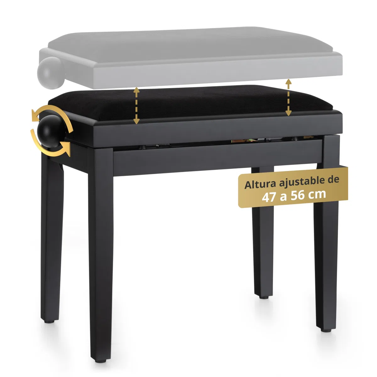 Classic Cantabile Banqueta para Piano Negro Mate - Altura Regulable de 47-56cm - Banco con Mecanismo de husillo - Asiento de Taburete 55 x 32cm - Silla con Funda de Terciopelo, Estable