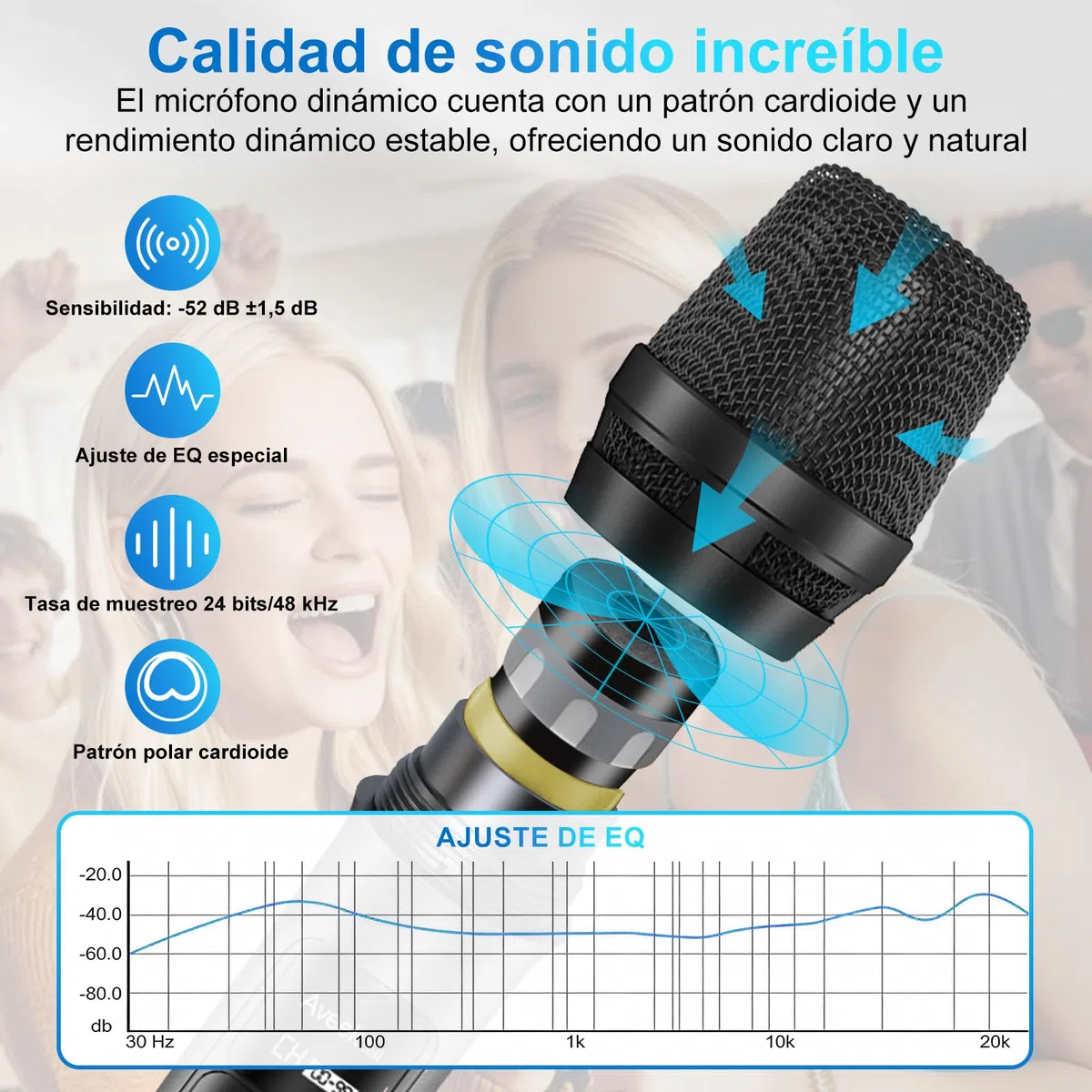Aveek Sistema de Micrófono Inalámbrico con 4 Micrófonos de Mano Dinámicos, Alcance 80m, Batería 40 Horas, Sonido Estudio Baja Latencia para Karaoke, Canto, Discurso, Iglesia, Escenario, Boda, DJ