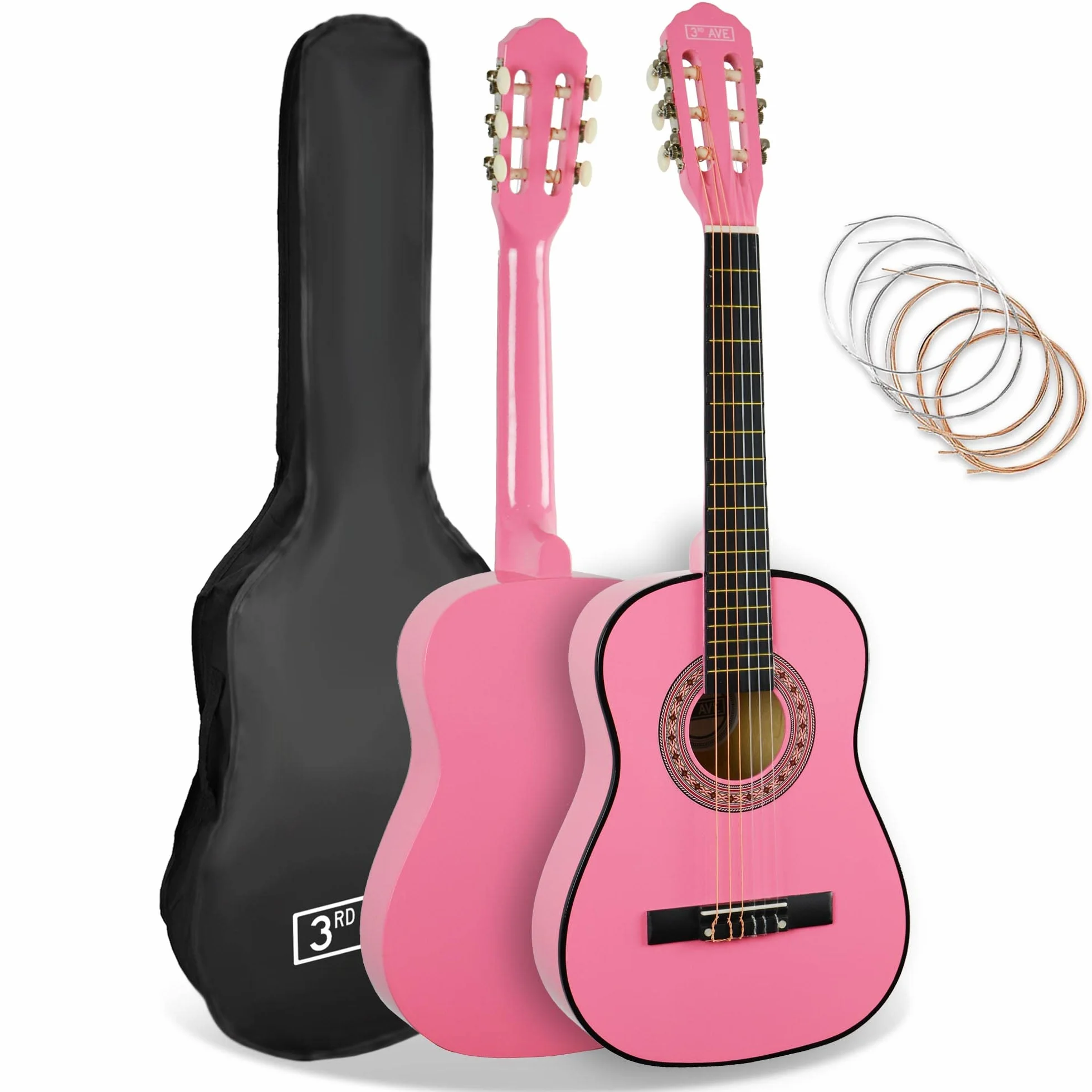 3rd Avenue Paquete Para Principiantes Con Cuerdas De Nailon Español Para Guitarra Clásica Para Niños De, Tamaño 1/2, 6 Meses De Lecciones Gratis, Bolsa Y Cuerdas, Color Rosa