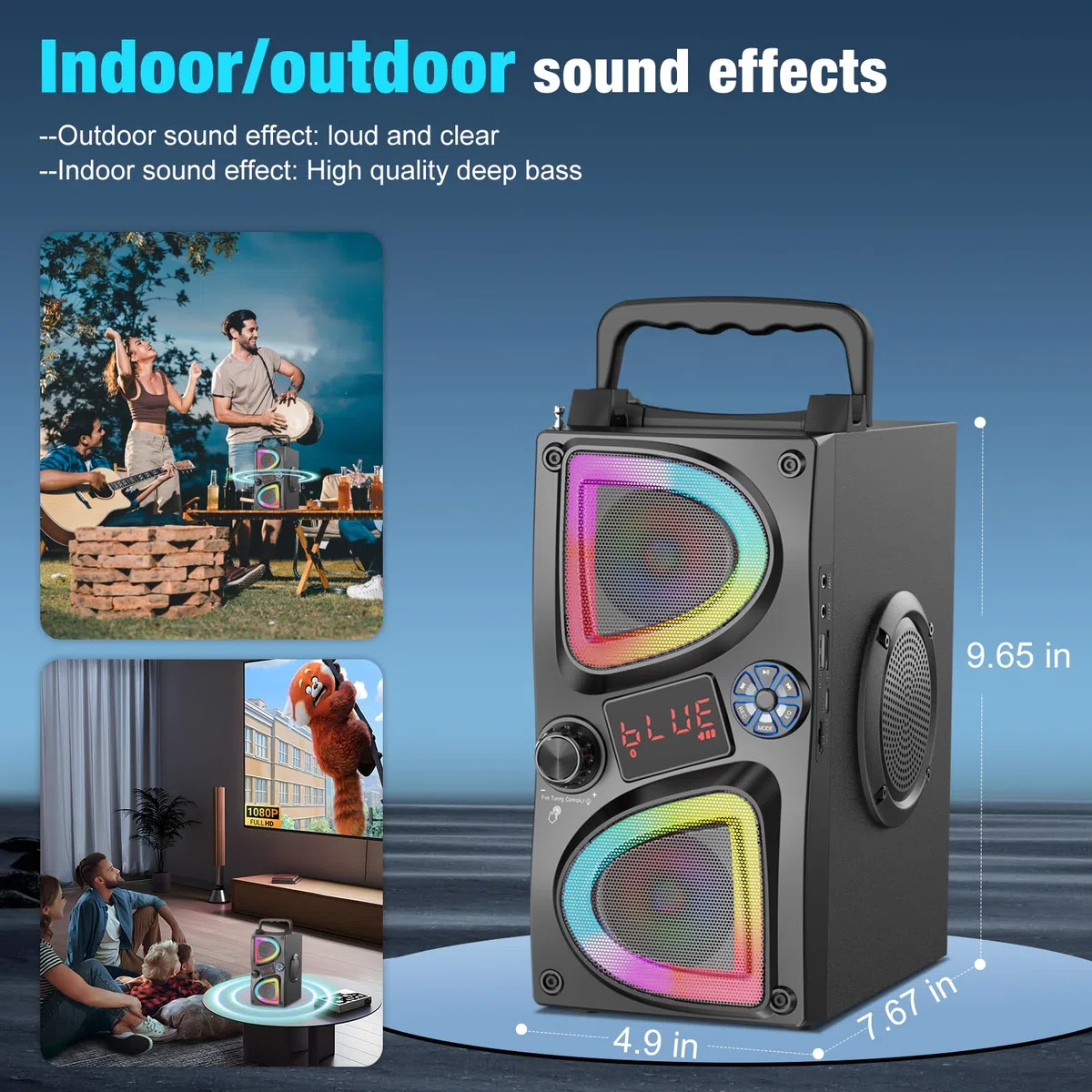 Altavoz Bluetooth Portátil con Subwoofer, 60W Pico, Potente Boombox Grande, Sonido Estéreo Inalámbrico, EQ, Control Remoto, Luces LED, Ideal para Fiestas, Exteriores, Regalos de Cumpleaños Vacaciones