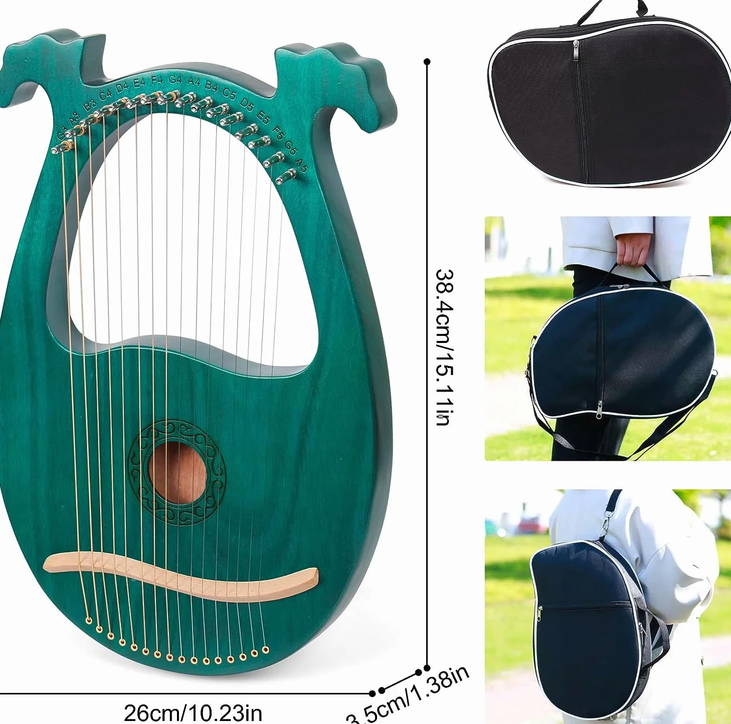 Arpa Lira de 16 Cuerdas Arpa de Madera Lyre Harp con llave de Afinación y Bolsa Negra instrumento lira, Verde, Cornamenta