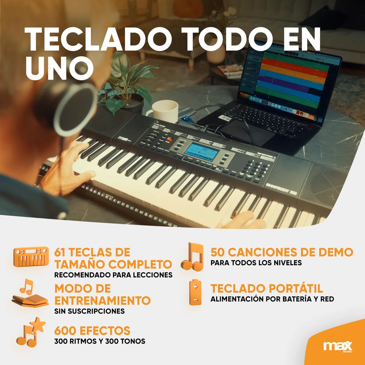 MAX Rhapsody61 - Piano eléctrico de 61 teclas para principiantes con función de aprendizaje, 300 sonidos, altavoces integrados, pantalla LCD, 50 canciones de demo, auriculares y soporte de teclado