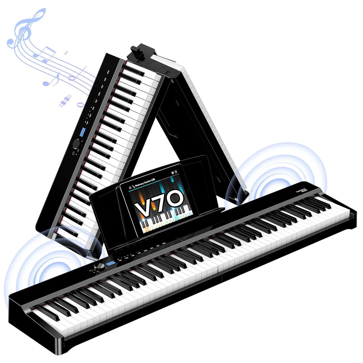 TERENCE V70 Piano Eléctrico 88 Teclas Contrapesadas Piano Digital con 4 Altavoces 20W×2+5W×2 –Incluye Funda y Auriculares – Ideal para Exámenes y Estudio – Negro Brillante