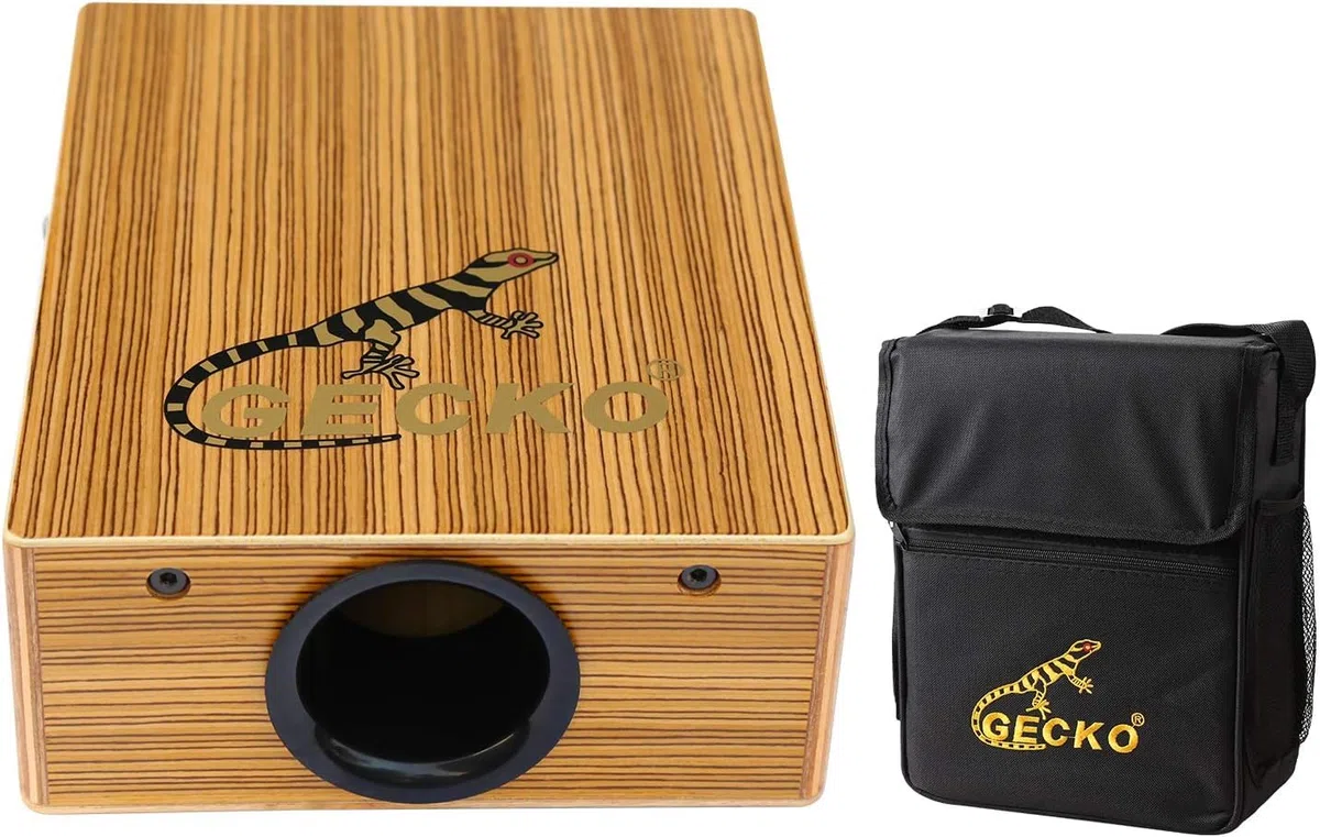 Cajón portátil con bolsa y correa, cajón de viaje ligero con cuerdas de guitarra, sonido resonante (9,4 x 22,9 x 29 cm, 1 kg, madera de cebra diseñada)