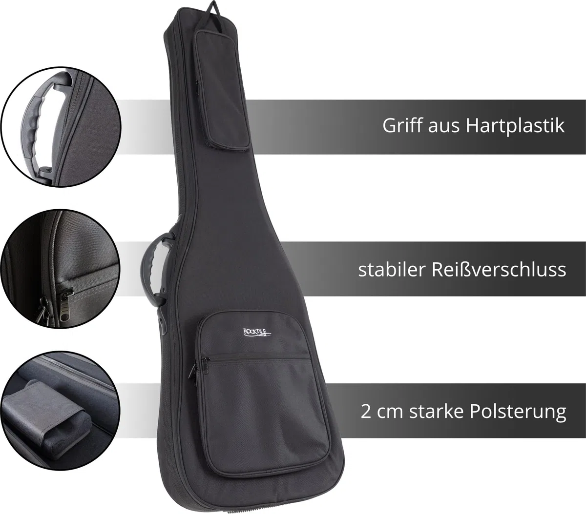 ROCKTILE EBSC-2124BK Funda Suave para bajo eléctrico, Acolchado Grueso, Soporte mástil Ajustable, 3 Bolsillos Grandes, Protege contra Humedad y Polvo, arnés Mochila retráctil, Color Negro.