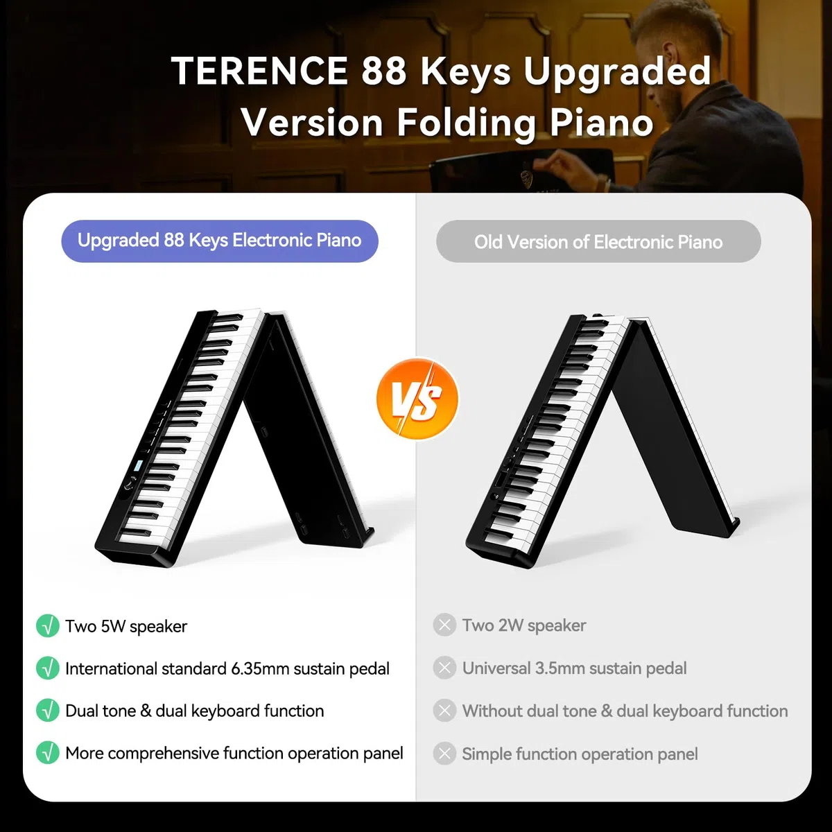 TERENCE Piano Plegable de 88 teclas con batería de 1750mAh semi-ponderadas pedal de sostenido Bluetooth interfaz MIDI soporte para partituras bolsa adhesiva cable de audio