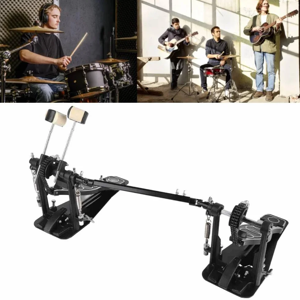 Wisecoco Doble Pedal Bombo, Pedal Doble Bombo Bateria, Pedal de Bombo con Doble Cadena, Patada de Pie de Tambor Profesional de Aluminio y Zinc, Pedal Tambor Doble para Batería y Batería Electrónica
