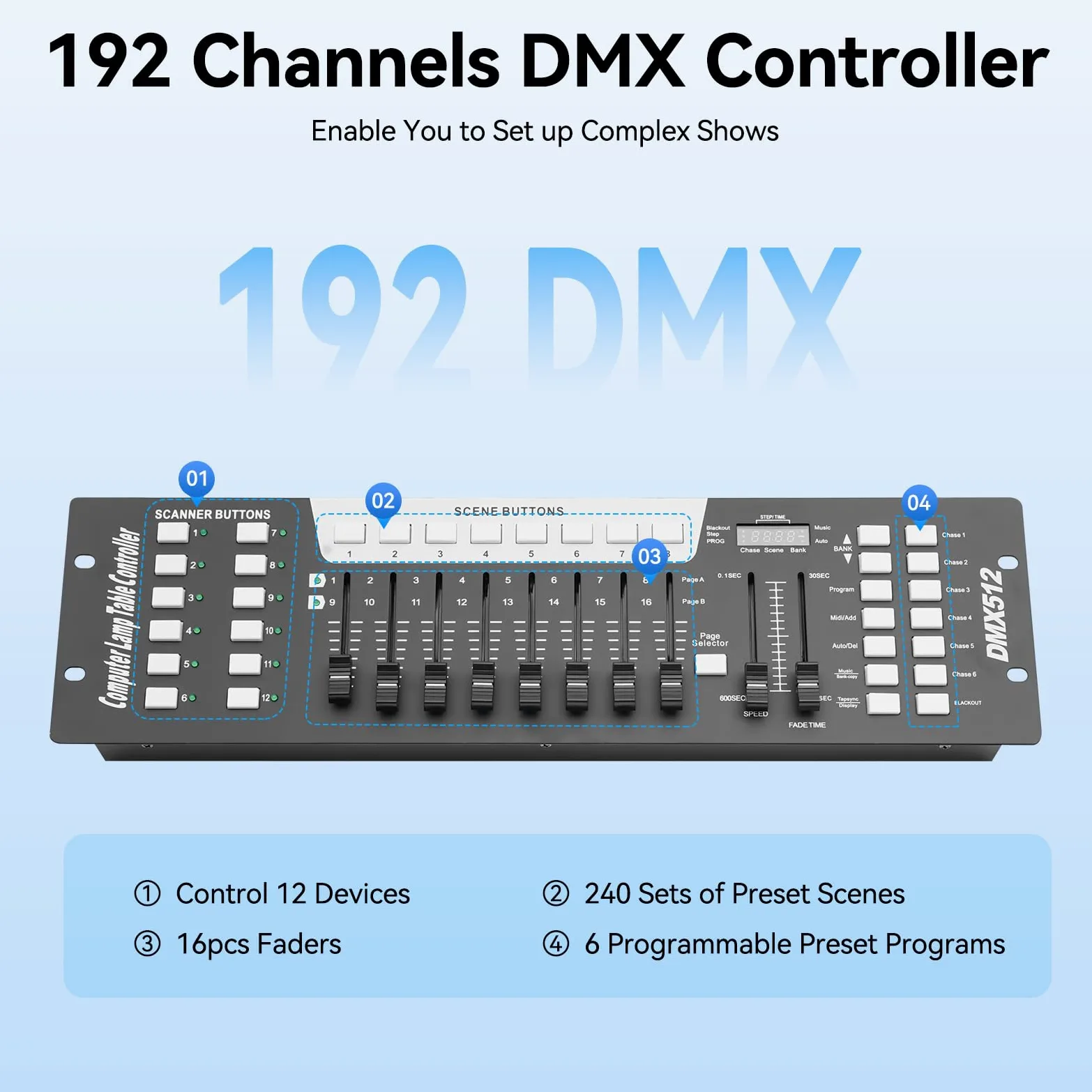 Controlador 192 DMX+MIDI Iluminación Reproducible LED Controlar 12 Dispositivos con 16 Canales 240 Conjuntos Escenas Predefinidas 6 Programas Predefinidos Programables para DJ, Escenas