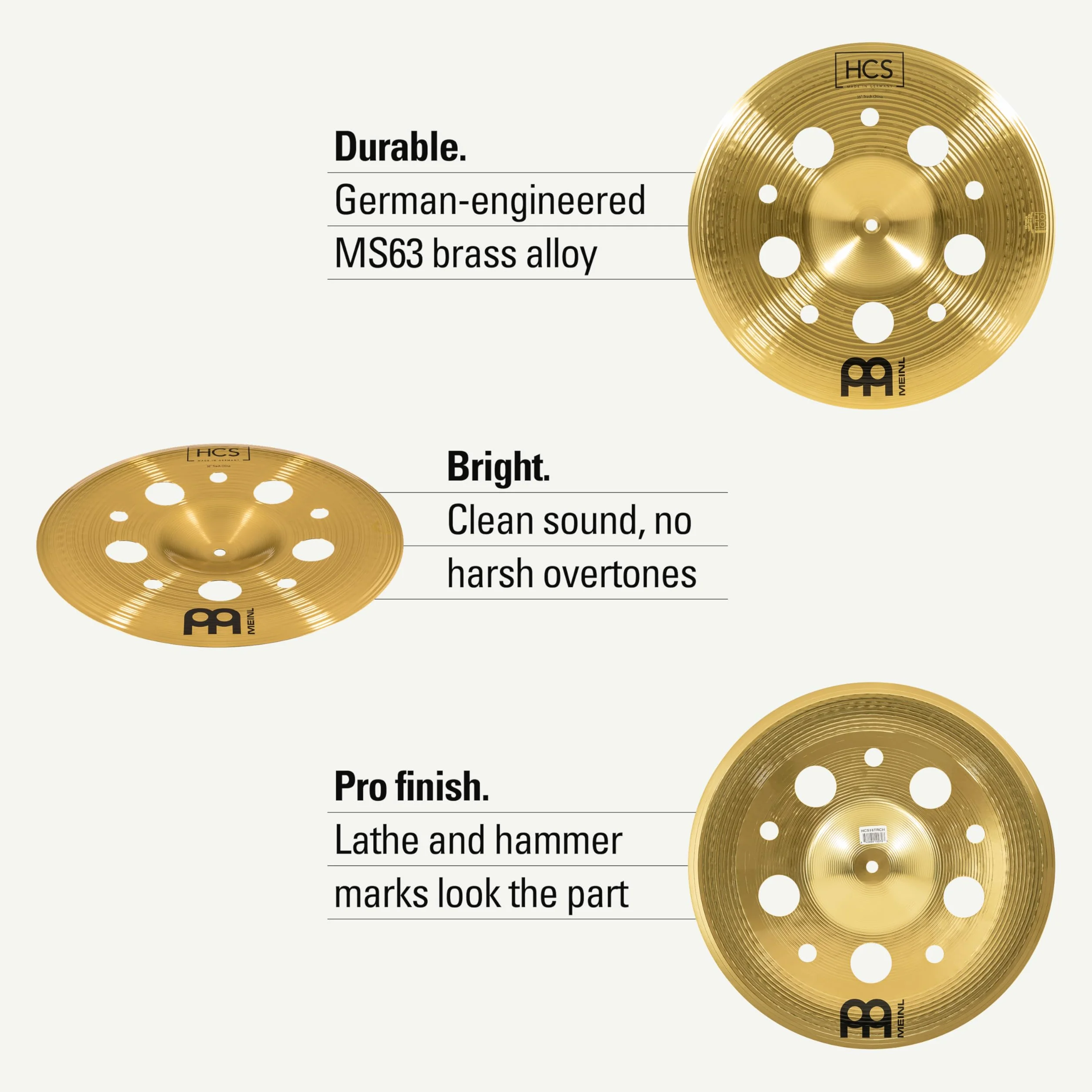 Meinl Cymbals HCS Plato Trash China de 16 pulgadas (40,64cm) con Agujeros – Platillos de Batería – Latón, Acabado Tradicional (HCS16TRCH)