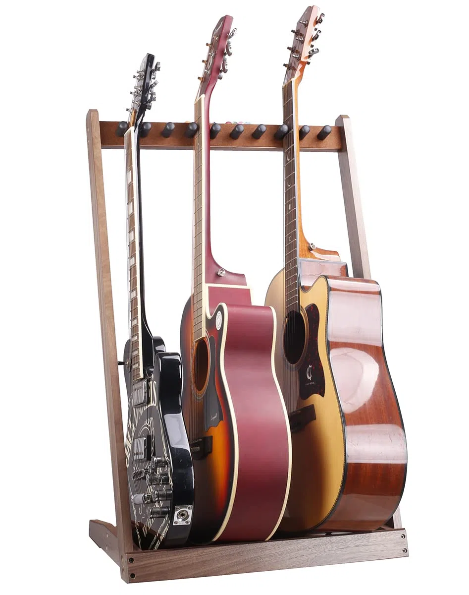 KingPoint Soporte de piso para guitarra, soporte de exhibición de guitarras de madera, soporte de guitarra multicabeza, organizador de colección de guitarra, con ranura para púas de guitarra