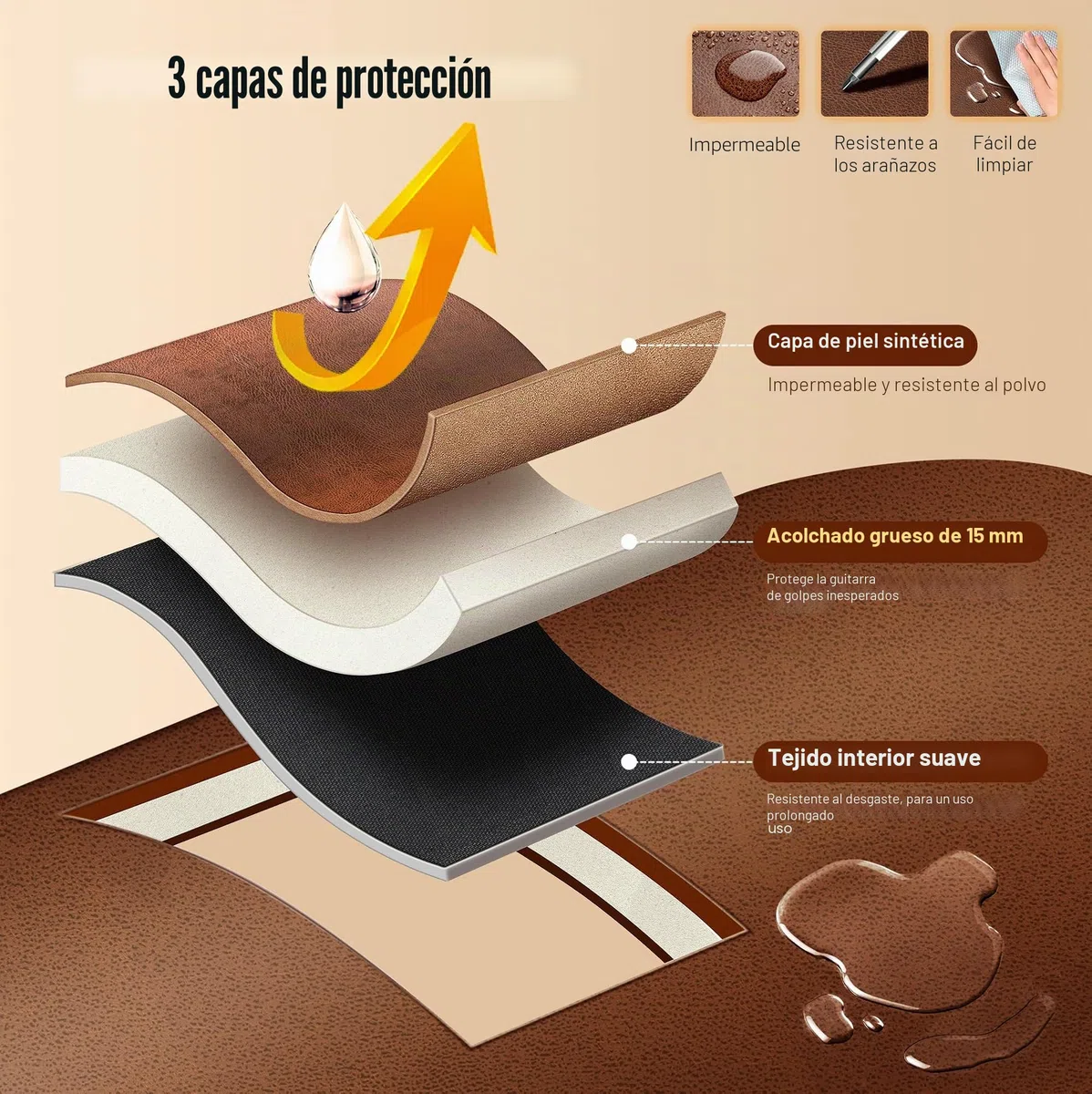 CAHAYA Bolsa para Guitarra Acústica - Adecuada para 40 41 42 Pulgadas Material de PU Impermeable y Transpirable Correa de Bolsa Marrón Acolchada de 15 Mm de Grosor Cremallera Doble