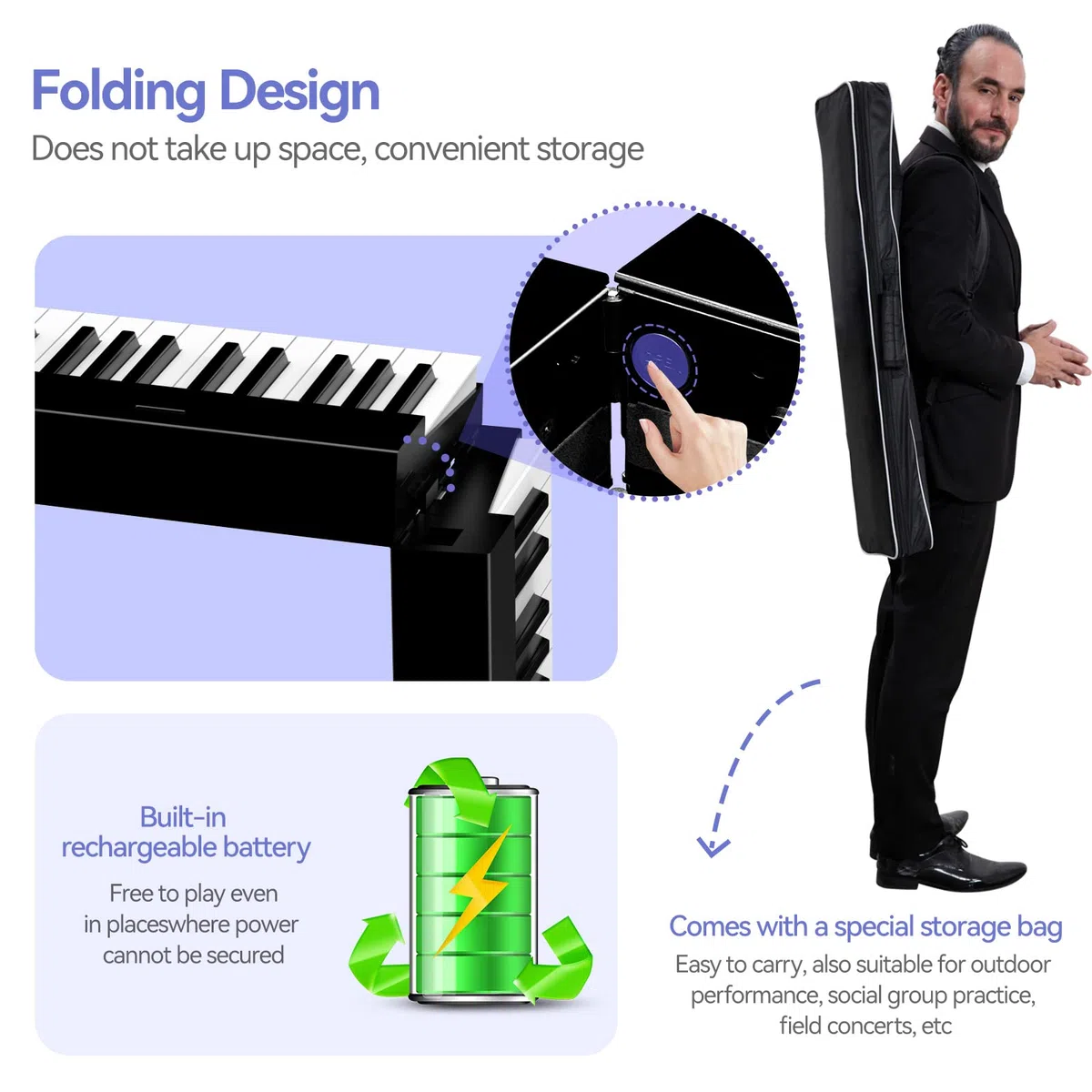 TERENCE Piano Plegable de 88 teclas con batería de 1750mAh semi-ponderadas pedal de sostenido Bluetooth interfaz MIDI soporte para partituras bolsa adhesiva cable de audio