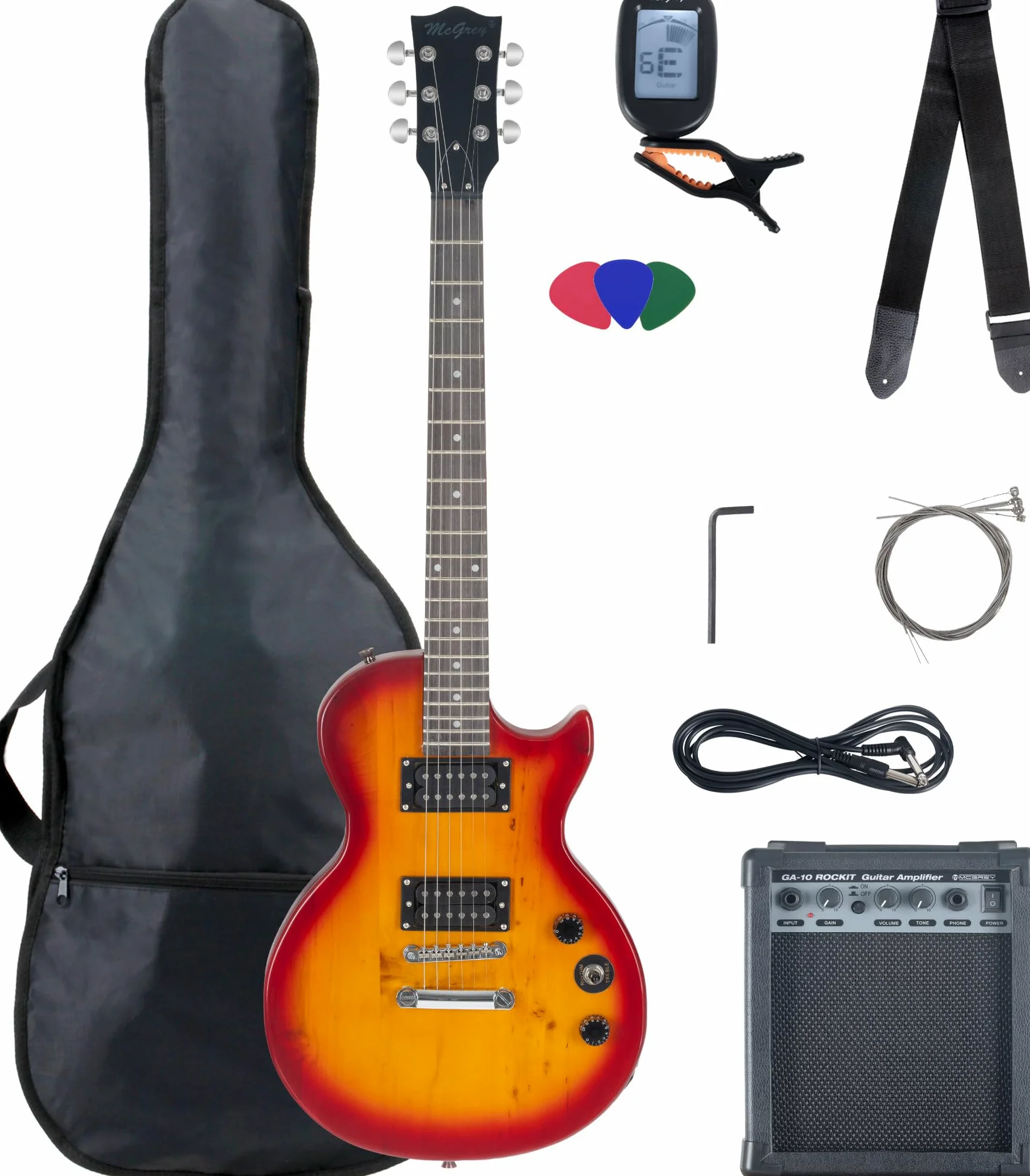 McGrey Rockit Single Cut Set Completo Guitarra Eléctrica 8 piezas: guitarra, amplificador, cuerdas, funda, afinador, púas, correa y cable. Color Orange Burst.
