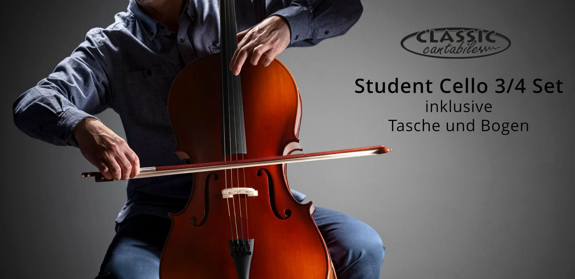 Classic Cantabile Student Violonchelo 3/4 - tapa de abeto laminado - fondo, aros, mástil y puente de arce - diapasón: tilo tintado - clavijas y cejuela de arce ennegrecido - incluye arco y funda