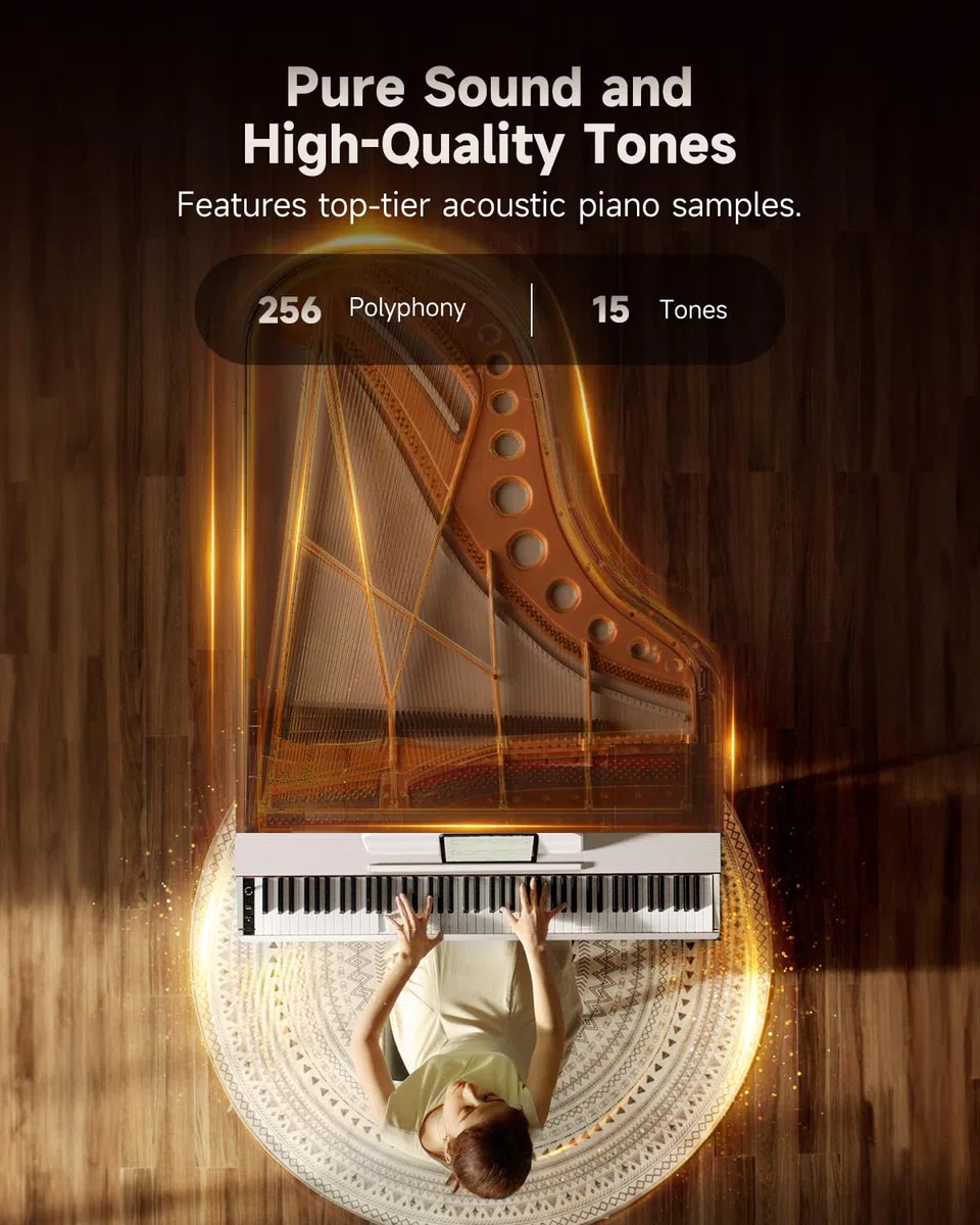 Donner OURA S100 88 Teclado Piano Ponderado con 3 Canciones Demo, 15 Tonos, Bluetooth Audio/MIDI, Piano Digital para Casa para Principiantes, Avanzados, Blanco