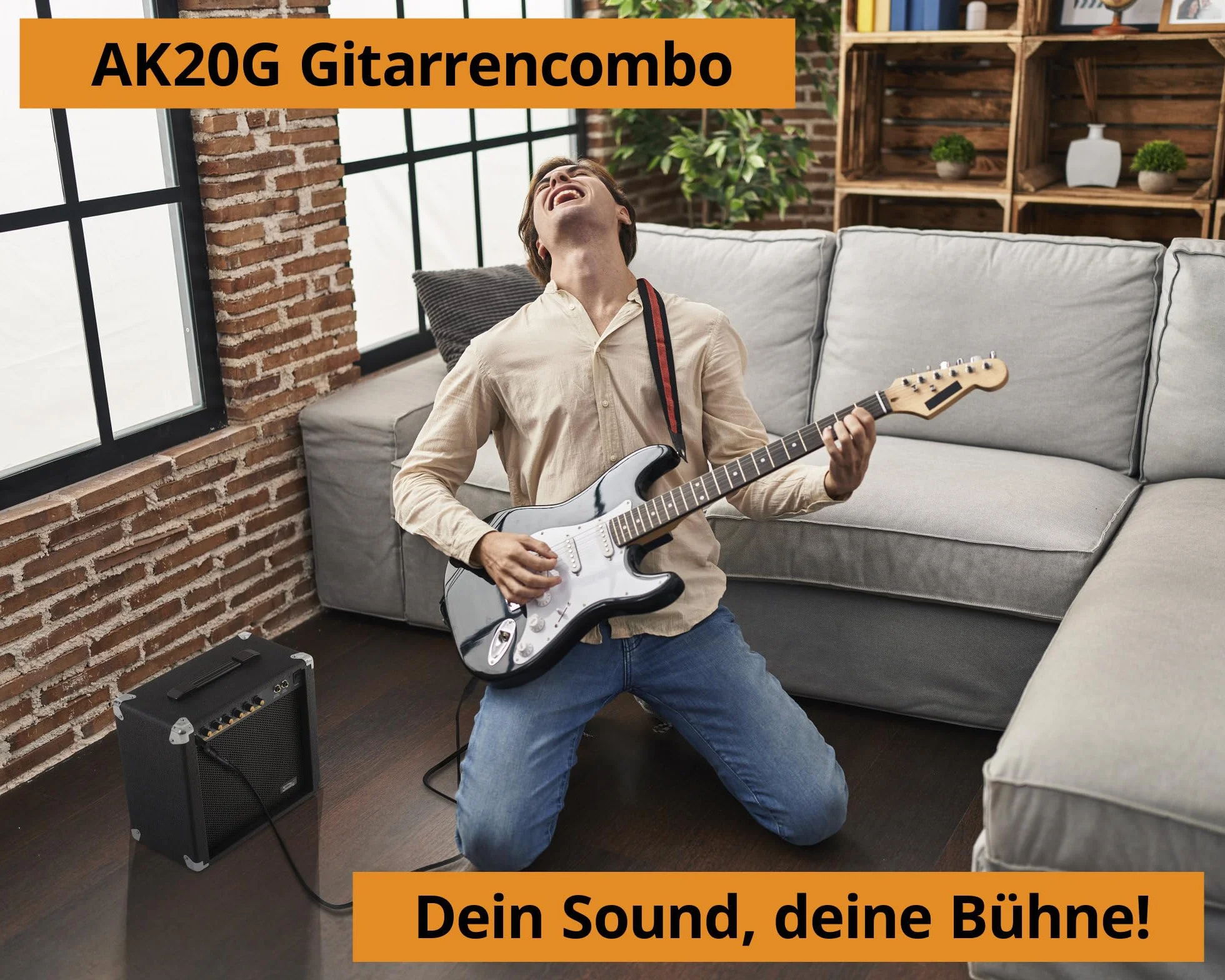 Amplificador Guitarra Soundking AK20-G 60W, Ecualizador 3 Bandas, Altavoz 8", 2 Canales, Salida Auriculares y Altavoz, Ideal Principiantes, Esquinas Protectores Extra Resistentes.