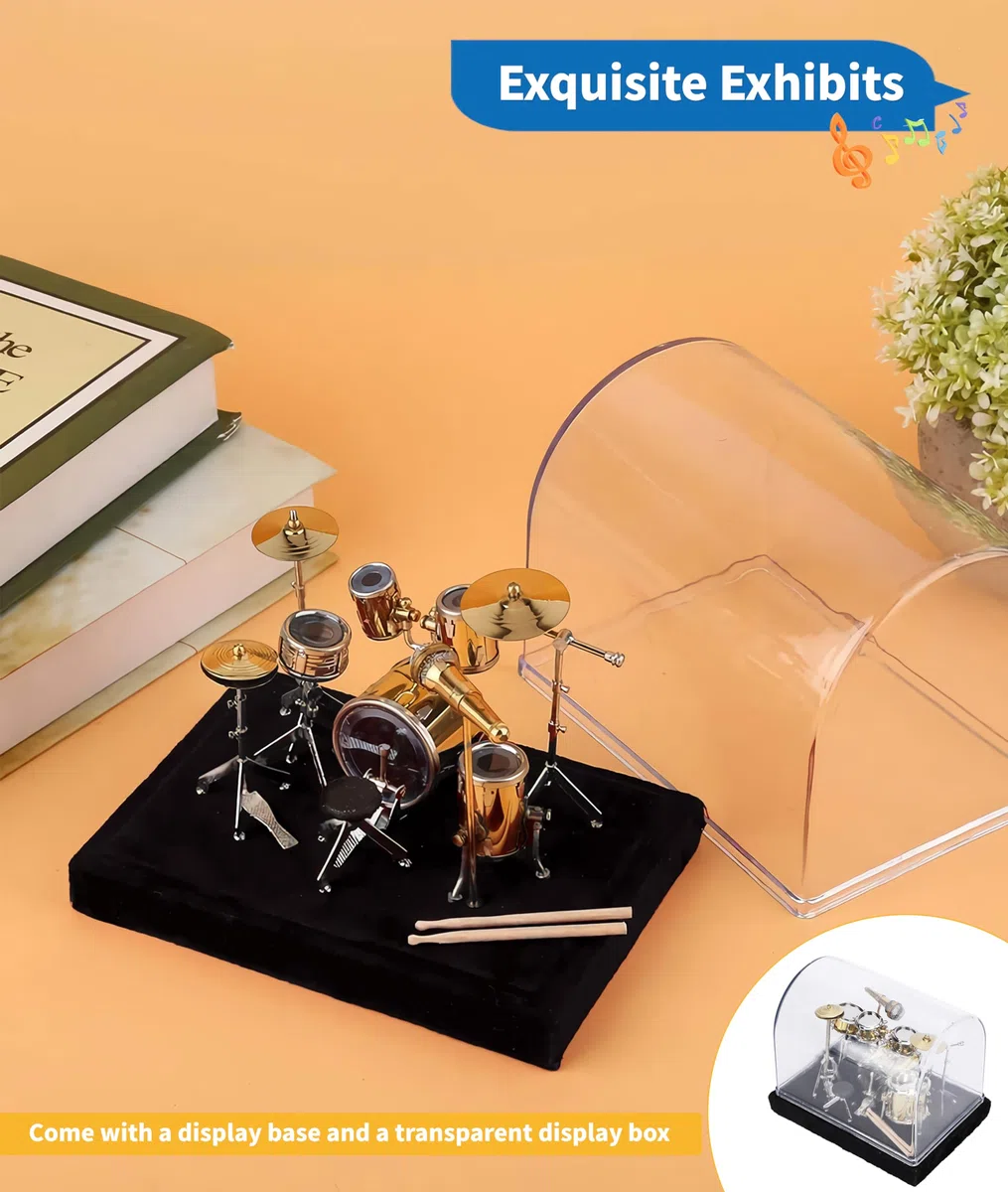 Gugxiom Mini batería con caja de exhibición y base, juego de batería de metal en miniatura para familiares y amigos