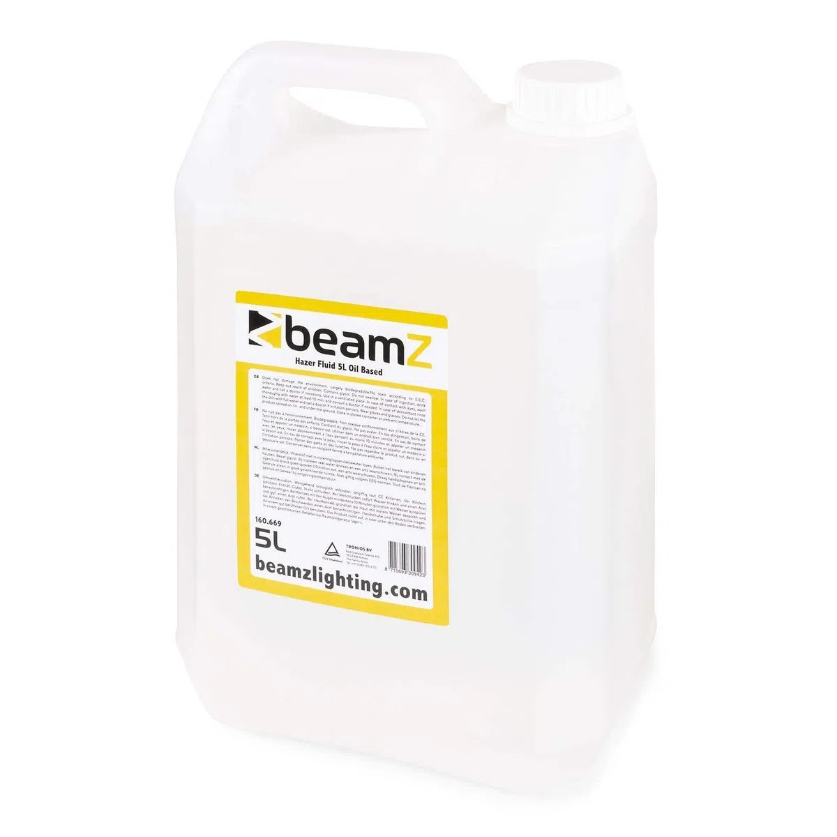 BeamZ FHF50 - Liquido de niebla, Haze Fog Machine Liquid 5L - Líquido a base de aceite, alto rendimiento, incoloro, inodoro y no inflamable, dispersión lenta, Made in EU