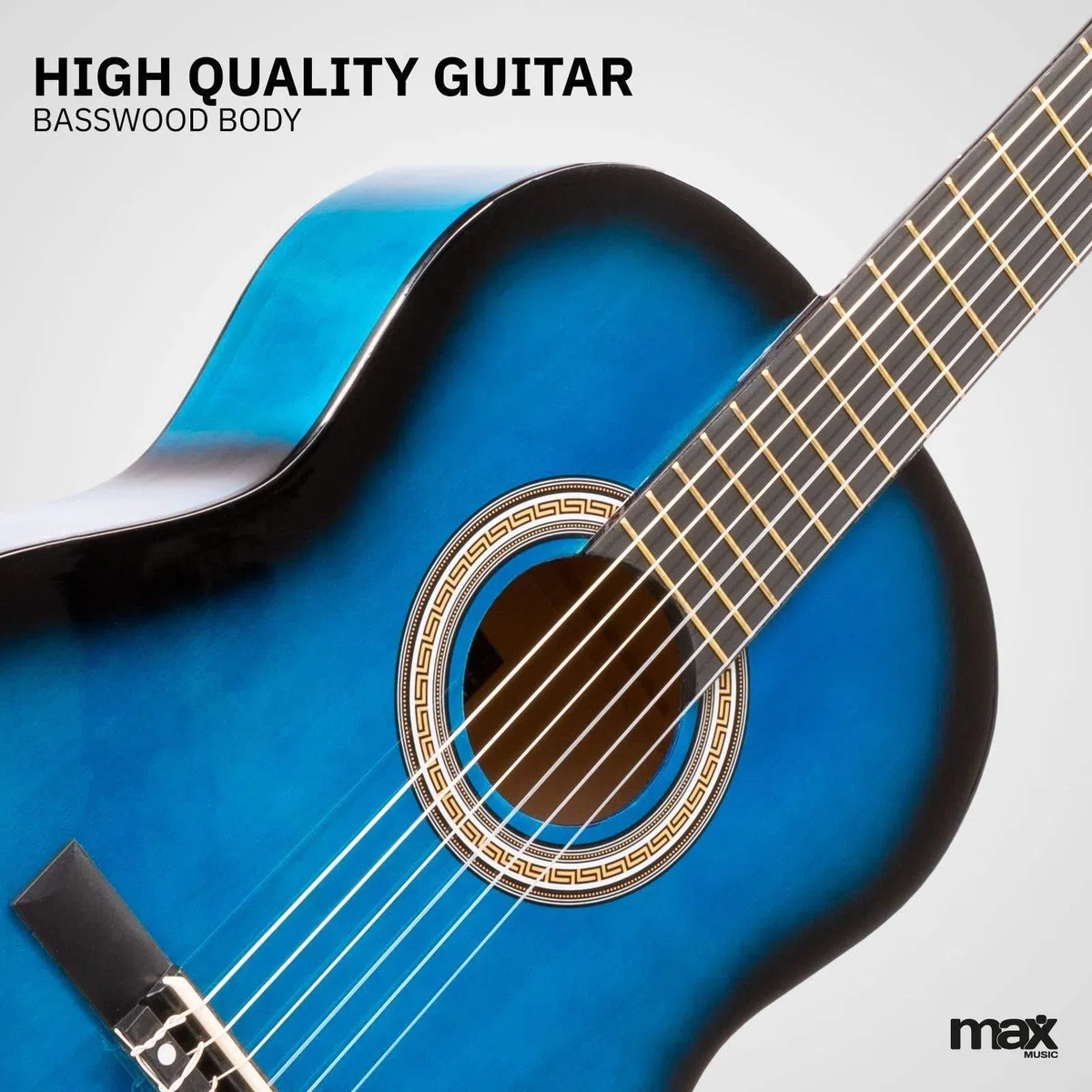 MAX SoloArt Guitarra Clásica Azul para Principiantes y Adultos - Set Completo con Funda, Reposapiés, Afinador Digital, Cuerdas Extra, Correa y Púas - Sonido Cálido y Estilo Moderno