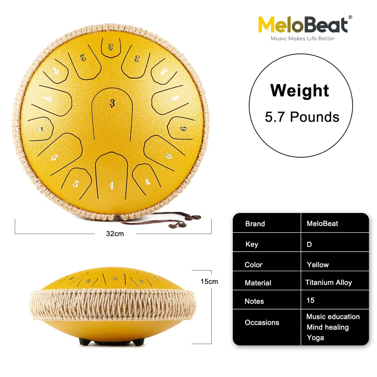 MeloBeat Tongue Drum Handpan - Tambor de Lengua de 13 Pulgadas 15 Notas - Set Profesional en Re Mayor Incluye Libro de Canciones de Tambor de Lengua, Clave D (Dorado)