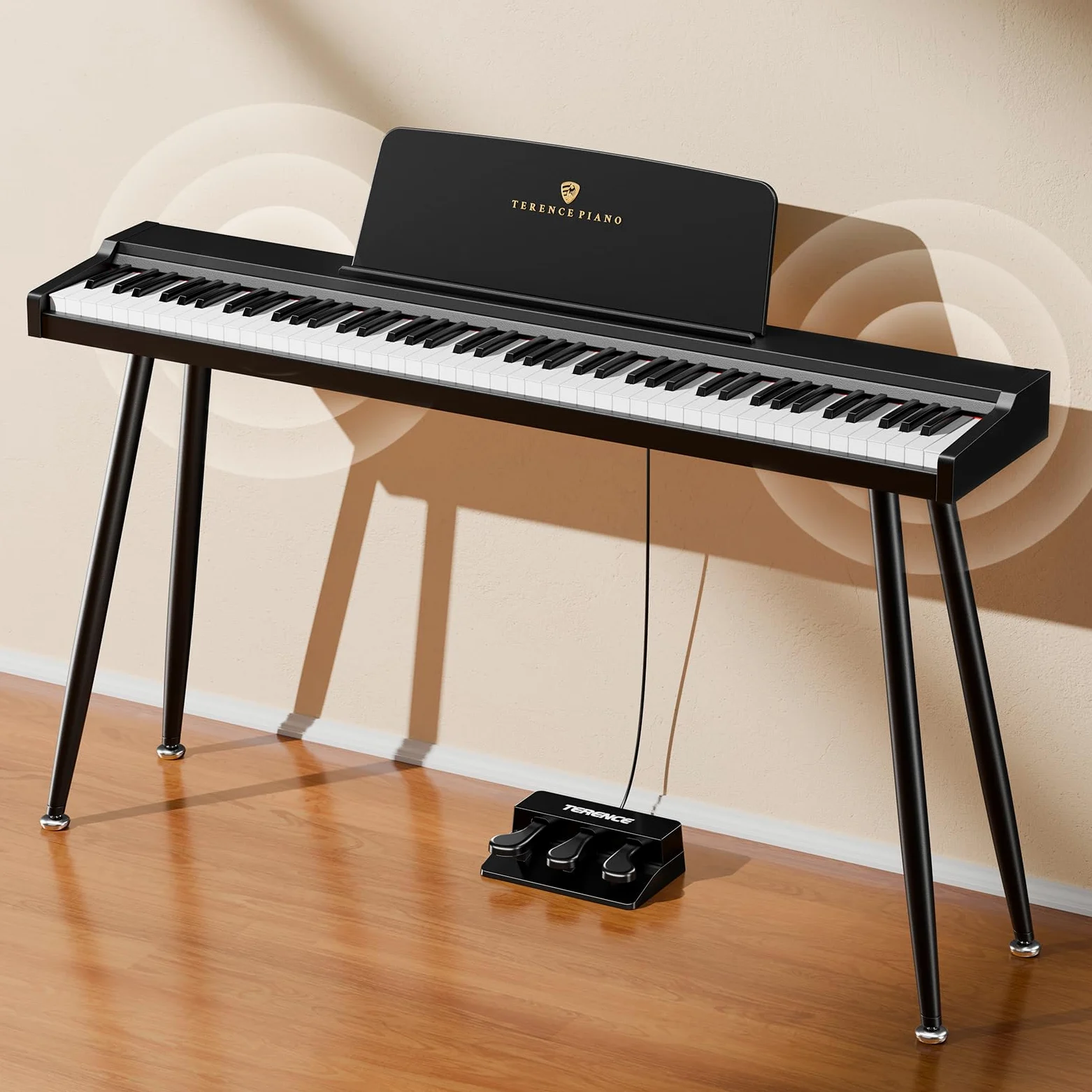 TERENCE Piano digital de 88 teclas, teclado de tamaño completo, piano digital semicontrapesado, 128 sonidos para principiantes y profesionales, conexión MIDI, conexión para auriculares y tres pedales