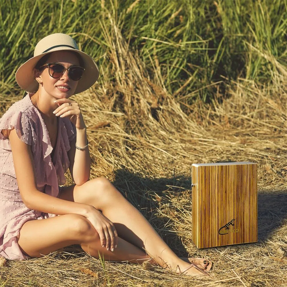 Cajón portátil con bolsa y correa, cajón de viaje ligero con cuerdas de guitarra, sonido resonante (9,4 x 22,9 x 29 cm, 1 kg, madera de cebra diseñada)