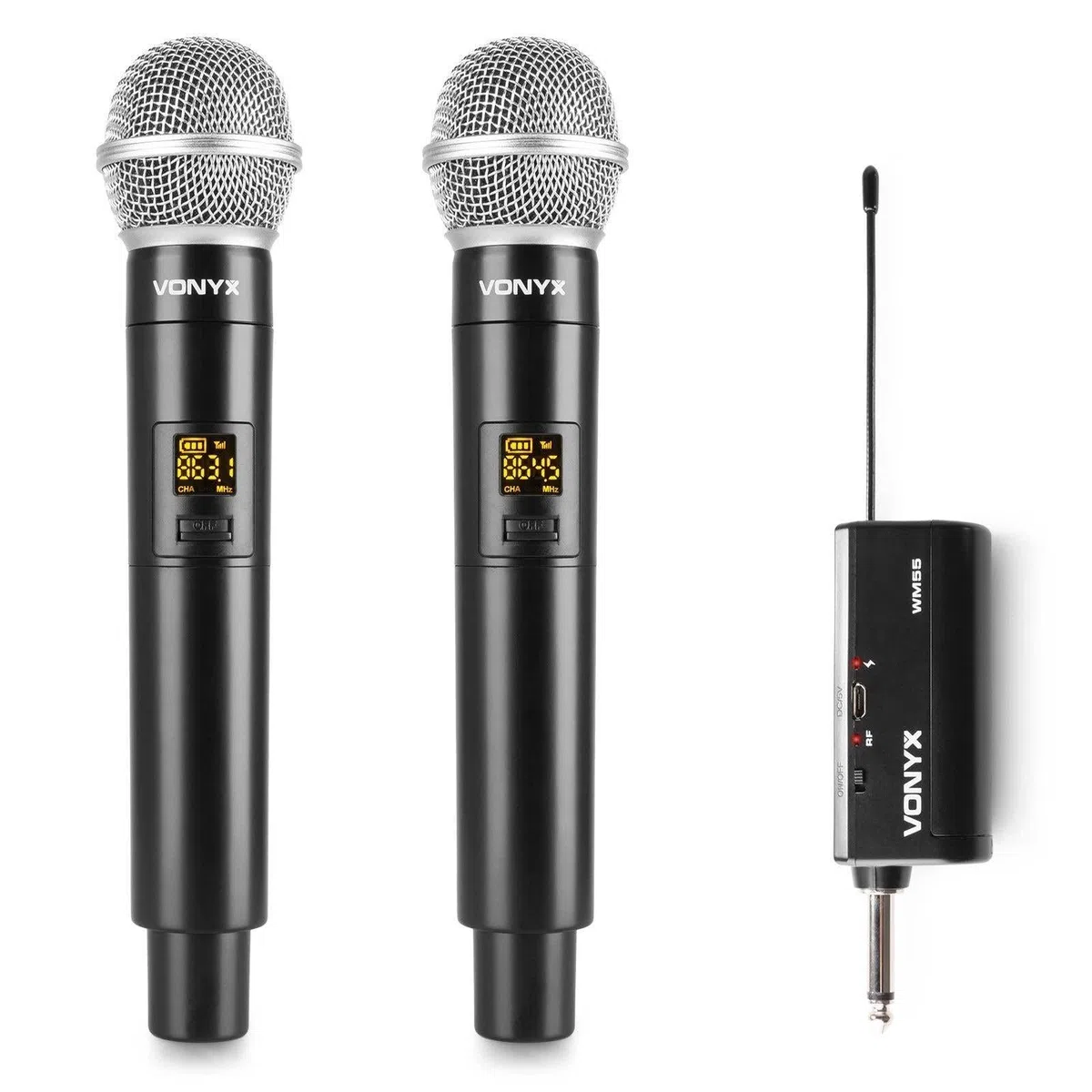 Vonyx WM552 Set de 2 Micrófonos Inalámbricos Duales con Receptor UHF, Conector de Altavoz, Recargable por USB, 10 Canales seleccionables, Silencio Automático, Micro para Cantar, Microfono Reuniones