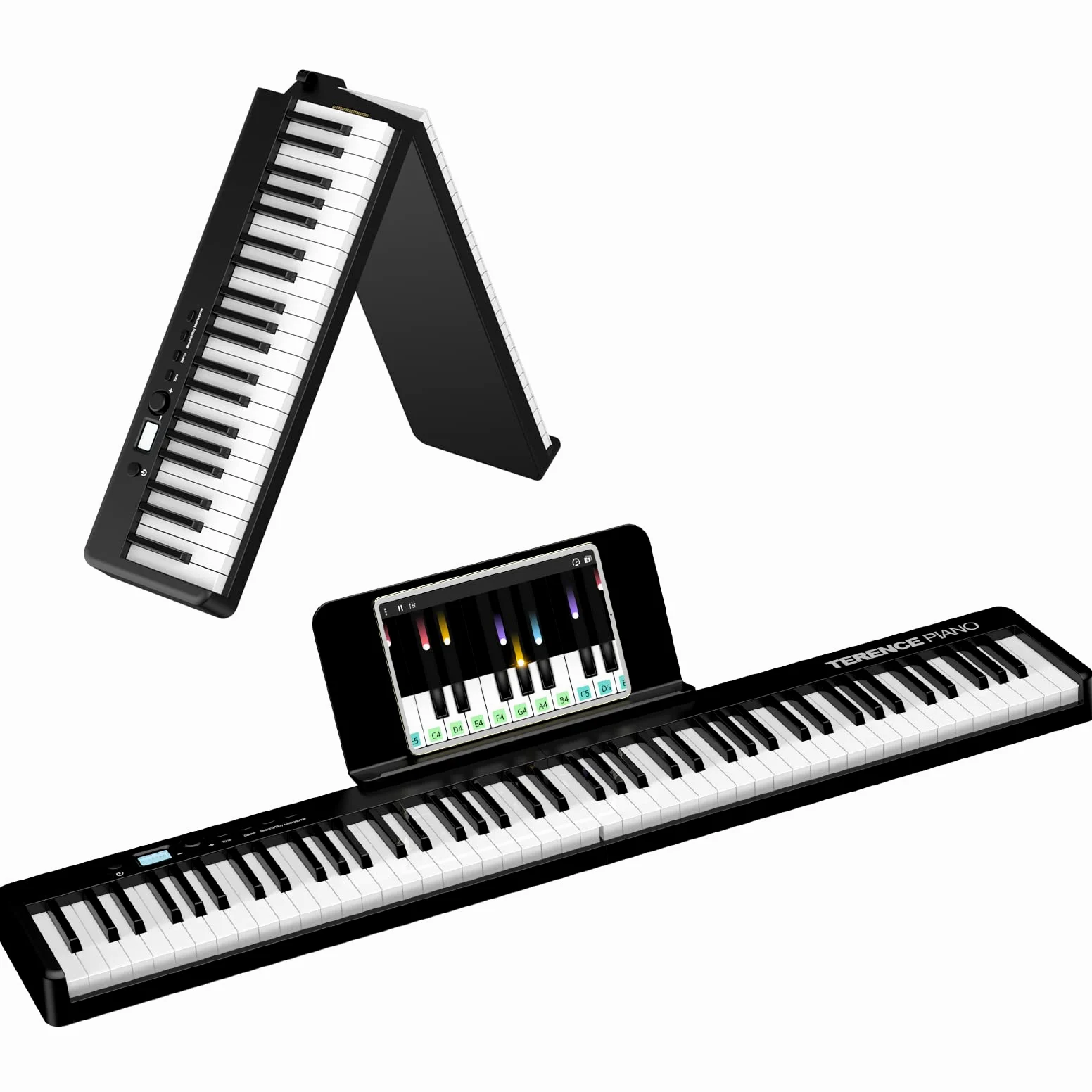 TERENCE Plegable Pianos digitales portátil con 88 teclas semi-ponderadas y batería de 1800mAh interfaz MIDI USB soporte para partituras bolsa adhesiva cable de audio auriculares pedal de sostenido