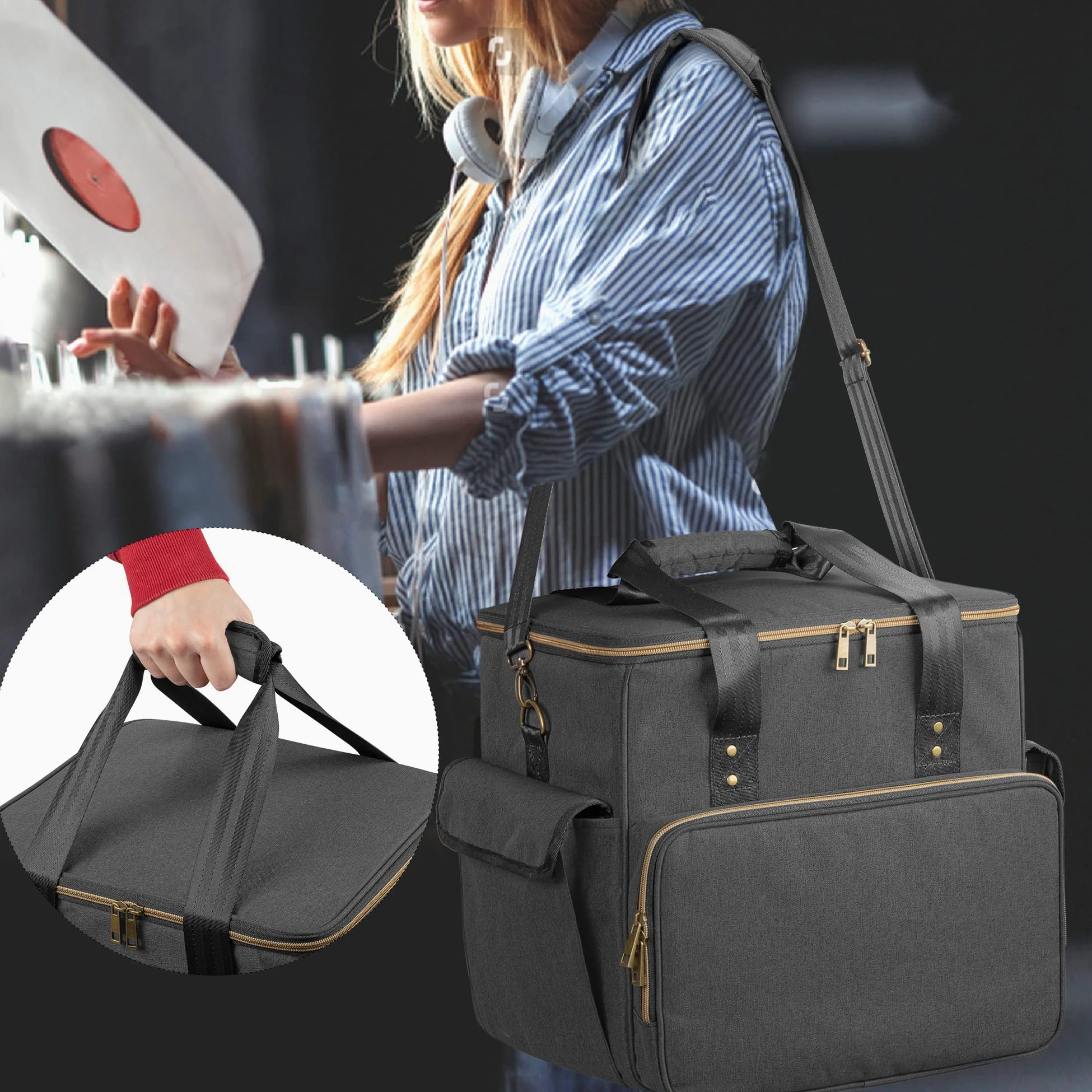 Trunab Bolsa de Discos de Vinilo Nailon Impermeable Ligero Robusto Gran Capacidad Compatible con 60 Discos, Bolsa Mejorada Ideal para Llevar su Disco de Vinilo LP con Correa para el Hombro y Asa