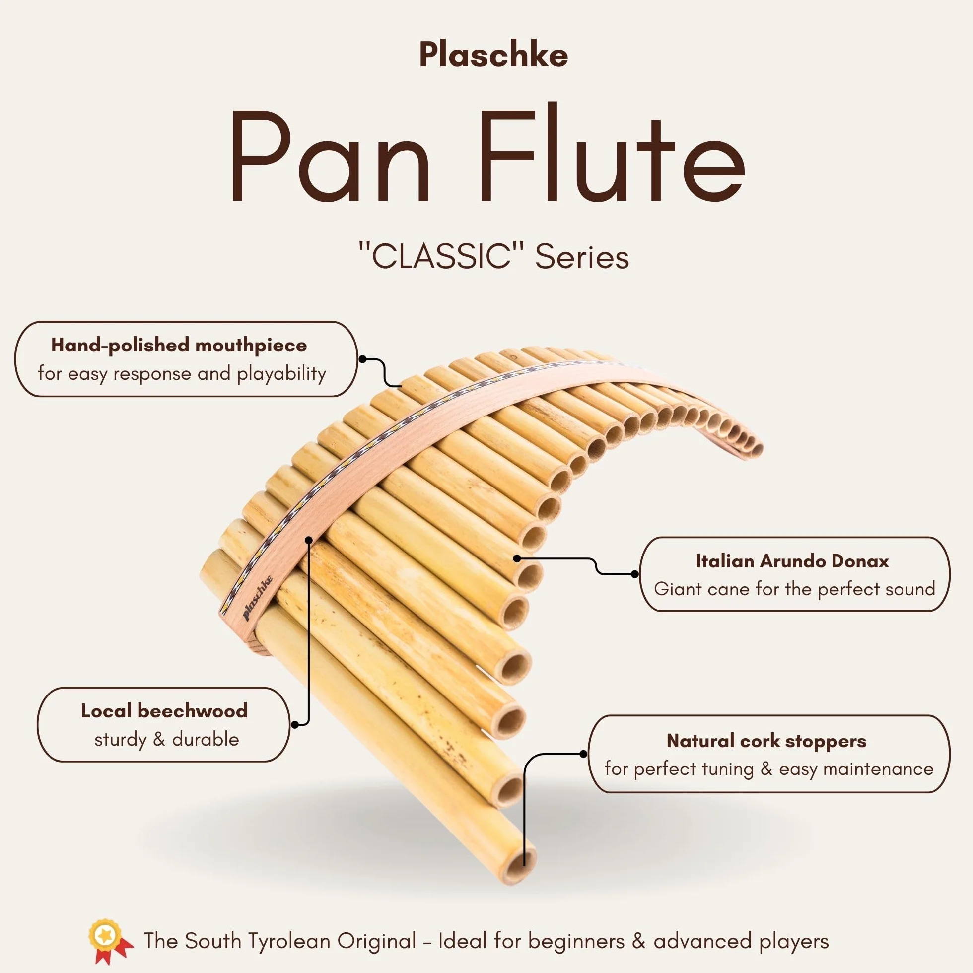 Plaschke Zampoña, Flauta de pan con cinturón de madera, hecha a mano con libro, made in Italy, 10 tubo