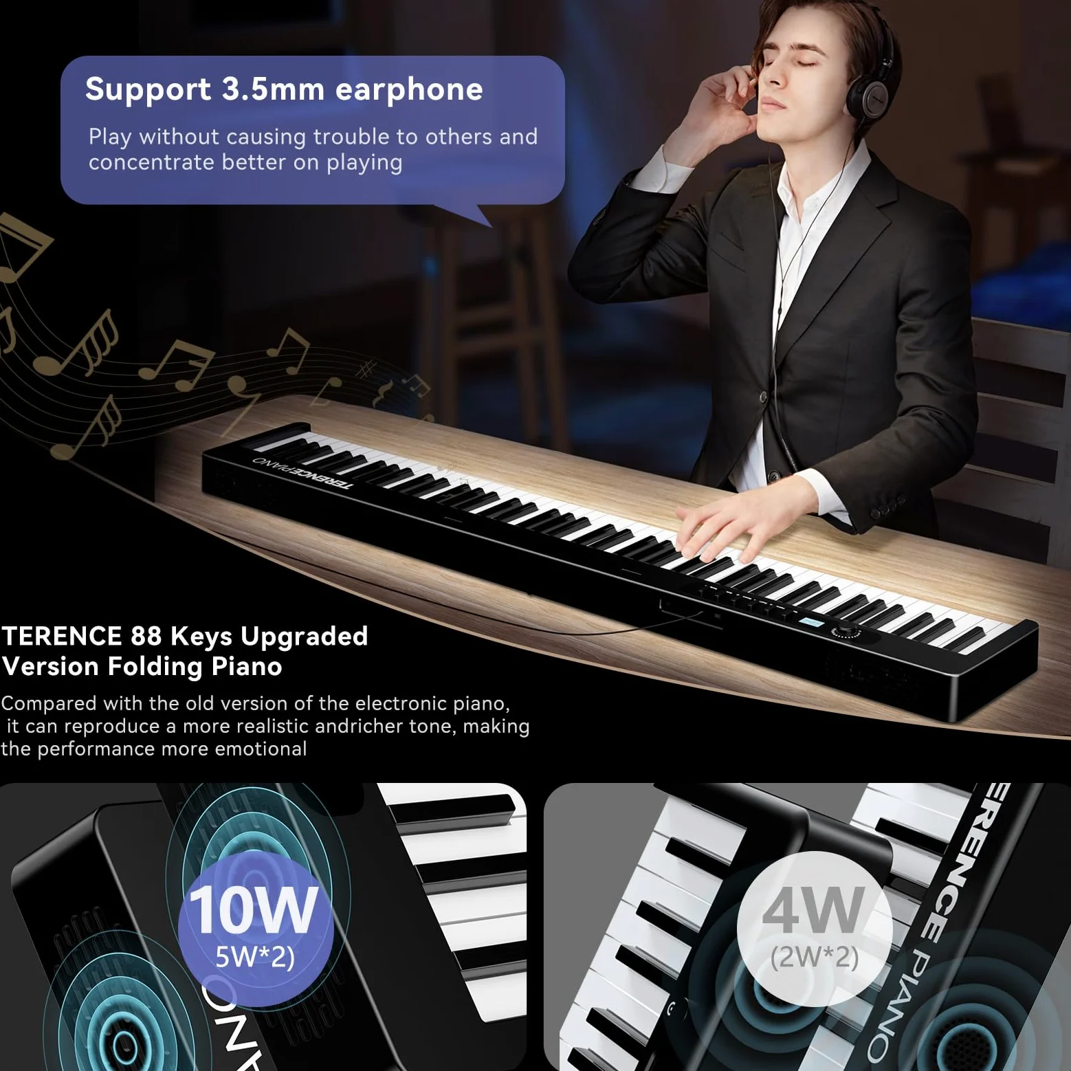 TERENCE Piano Plegable de 88 teclas con batería de 1750mAh semi-ponderadas pedal de sostenido Bluetooth interfaz MIDI soporte para partituras bolsa adhesiva cable de audio