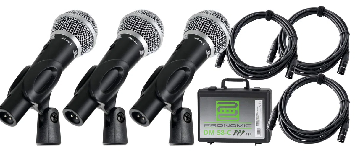 Pronomic DM-58-C Set 3 micrófonos dinámicos cardioide con cápsula elástica, interruptor, 3 cables XLR de 5 m y maletín. Color negro.