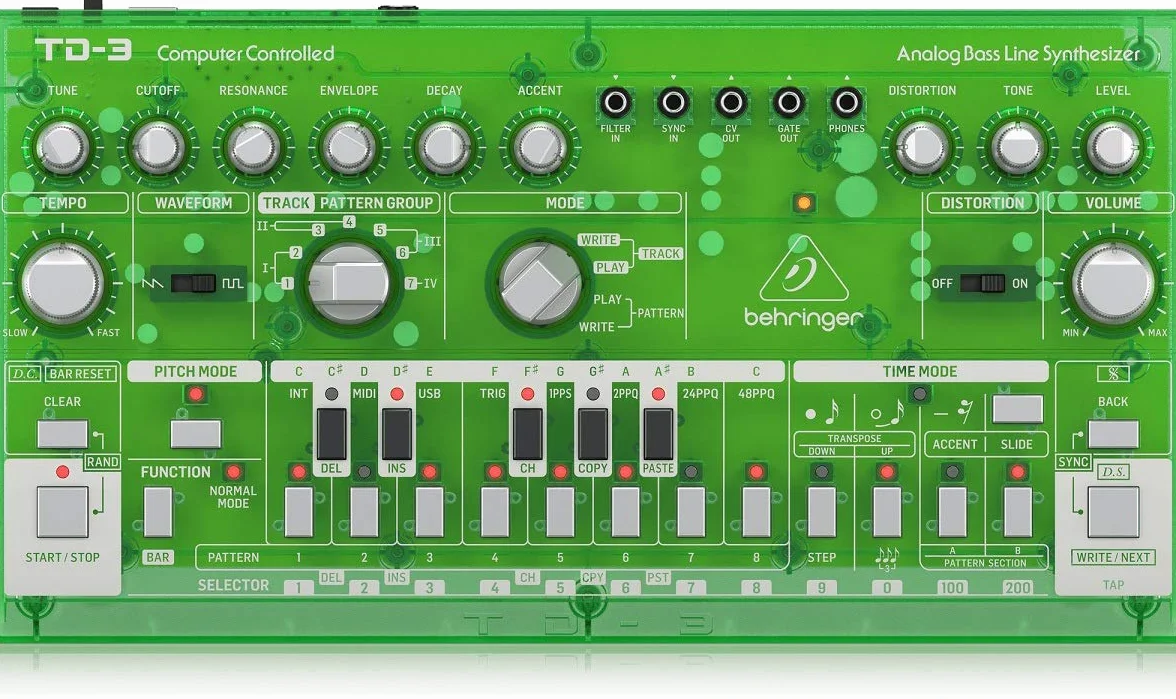 Behringer TD-3-LM Sintetizador de línea de graves analógico con VCO, VCF, secuenciador de 16 pasos, efectos de distorsión y cadena de polietileno de 16 voz, compatible con PC y Mac