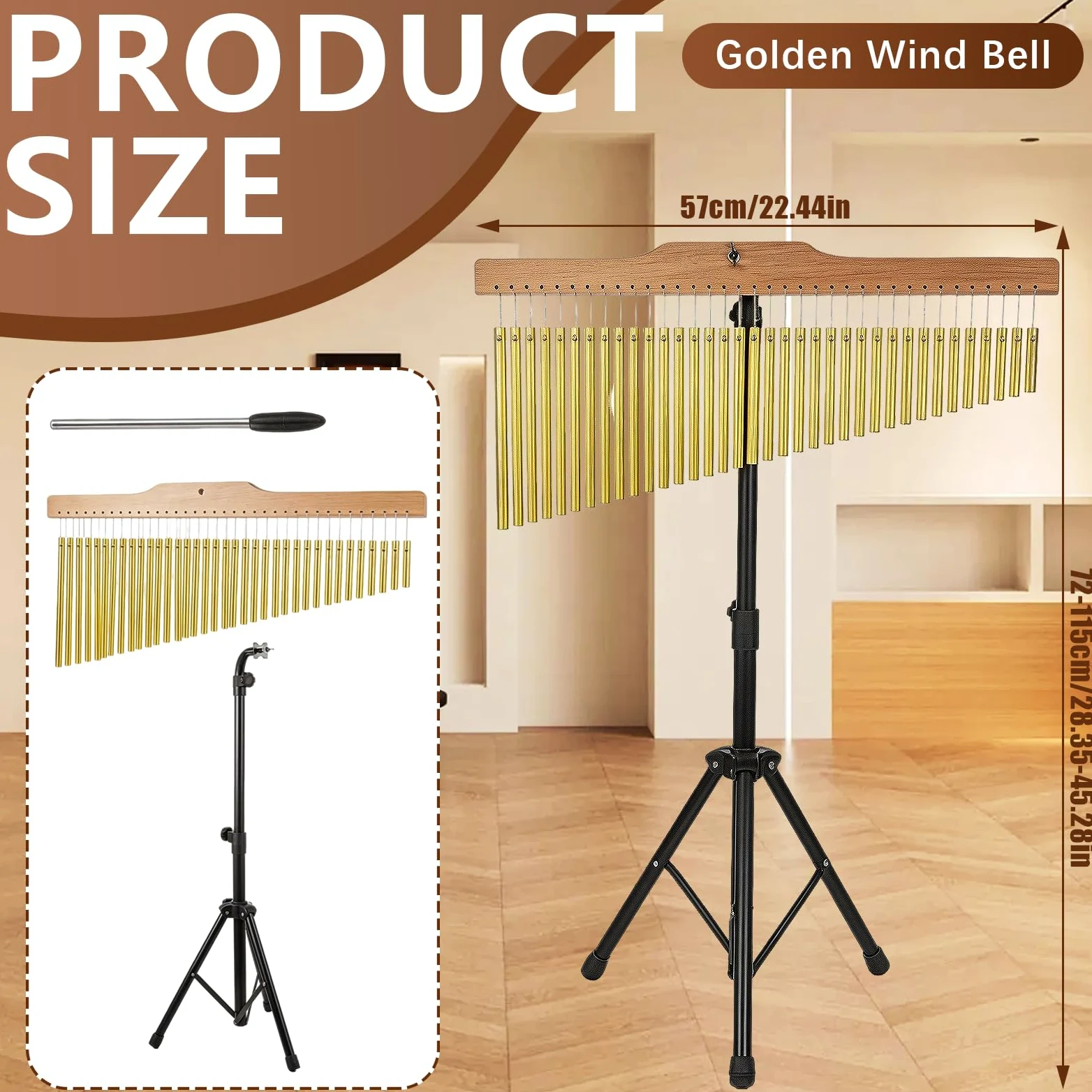 Bar Chimes 36 Tonos, Cortinilla de Percusión con Soporte Ajustable 72-115cm Campanas de Viento Profesionales de Aluminio con Marco de Madera y Baqueta para Banda Escuela Estudio Meditación