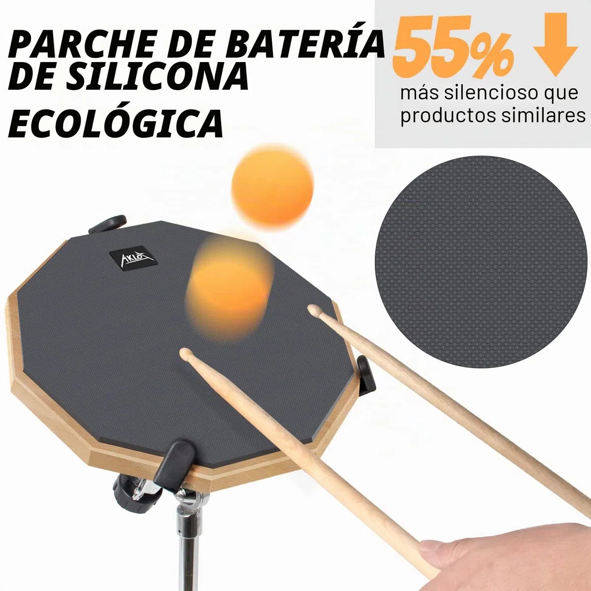 Pad practica bateria AKLOT pad allenamento batteria silicona 12"para adultos con soporte de caja doble cara baquetas bolsa