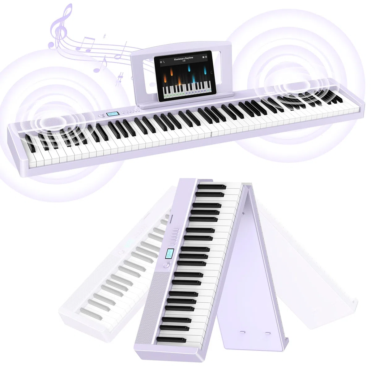 TERENCE Piano Plegable de 88 teclas con batería de 1800mAh 2x5W Altavoces Pedal Piano Bluetooth interfaz MIDI soporte para partituras bolsa adhesiva cable de audio pedal piano púrpura