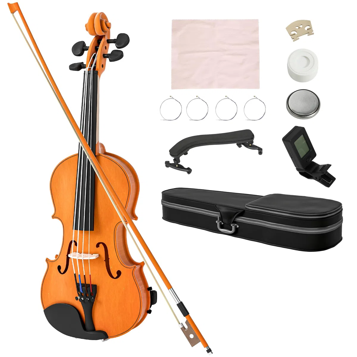 HOMCOM Violín 4/4, juego de violín de madera maciza para adultos y principiantes, con estuche ligero y portátil, arco, colofonia, puente y bandolera, marrón